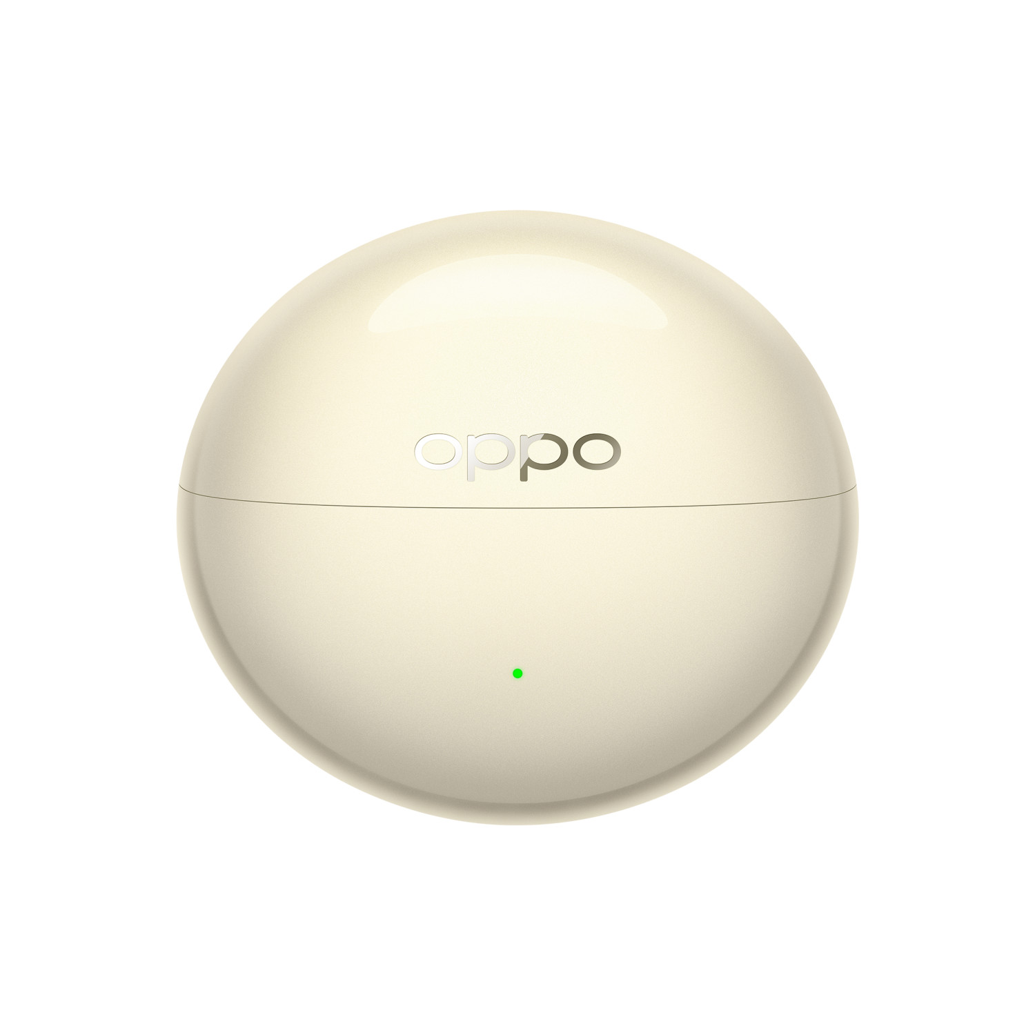 Een glanzende, ronde crème kleurige Oppo oordopjes oplaadcase met een kleine groene LED aan de voorkant.