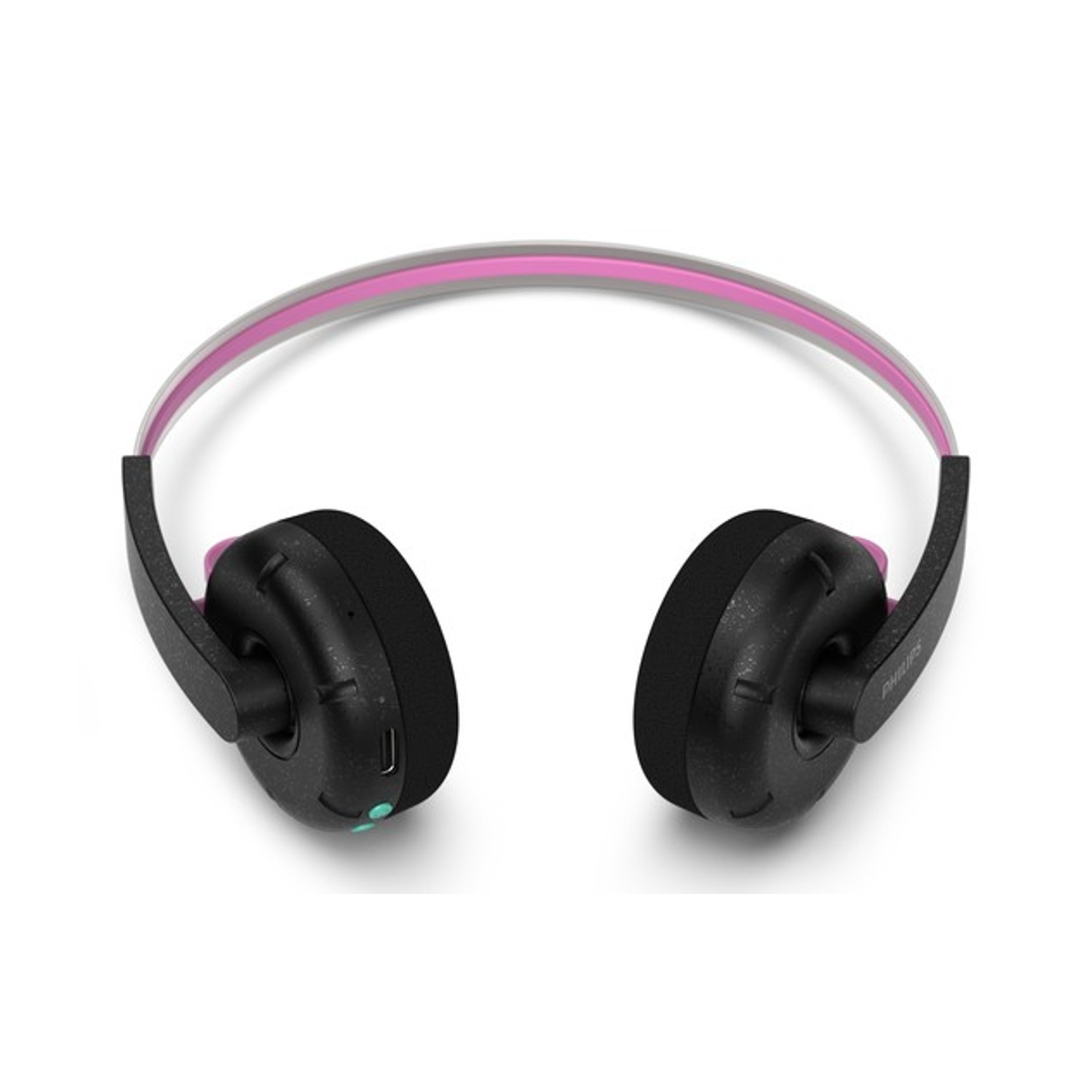 Schwarze On-Ear-Kopfhörer mit pinkem Kopfbügel und Reglern auf weißem Hintergrund.