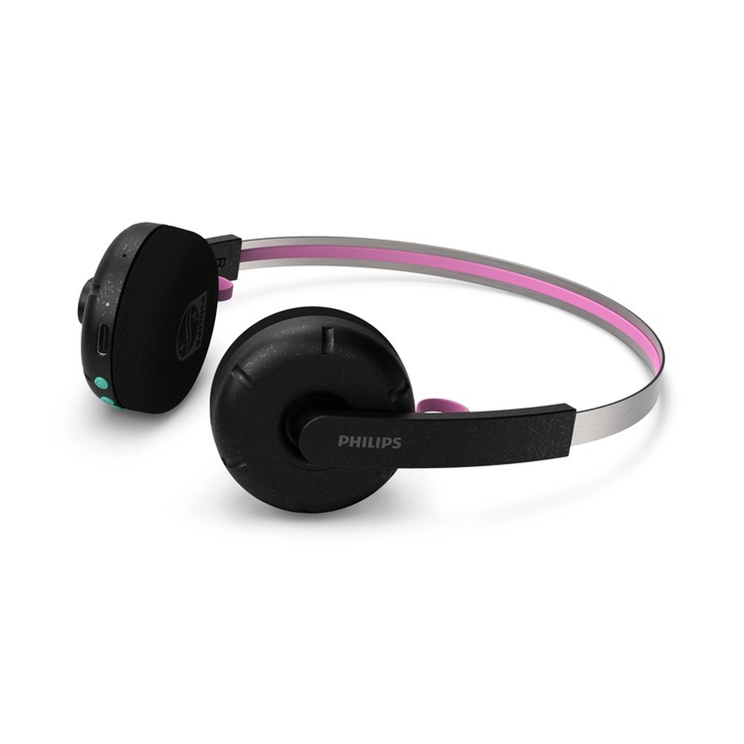 Schwarze Philips-On-Ear-Kopfhörer mit silbernem und pinkem Kopfbügel auf weißeem Hintergrund.