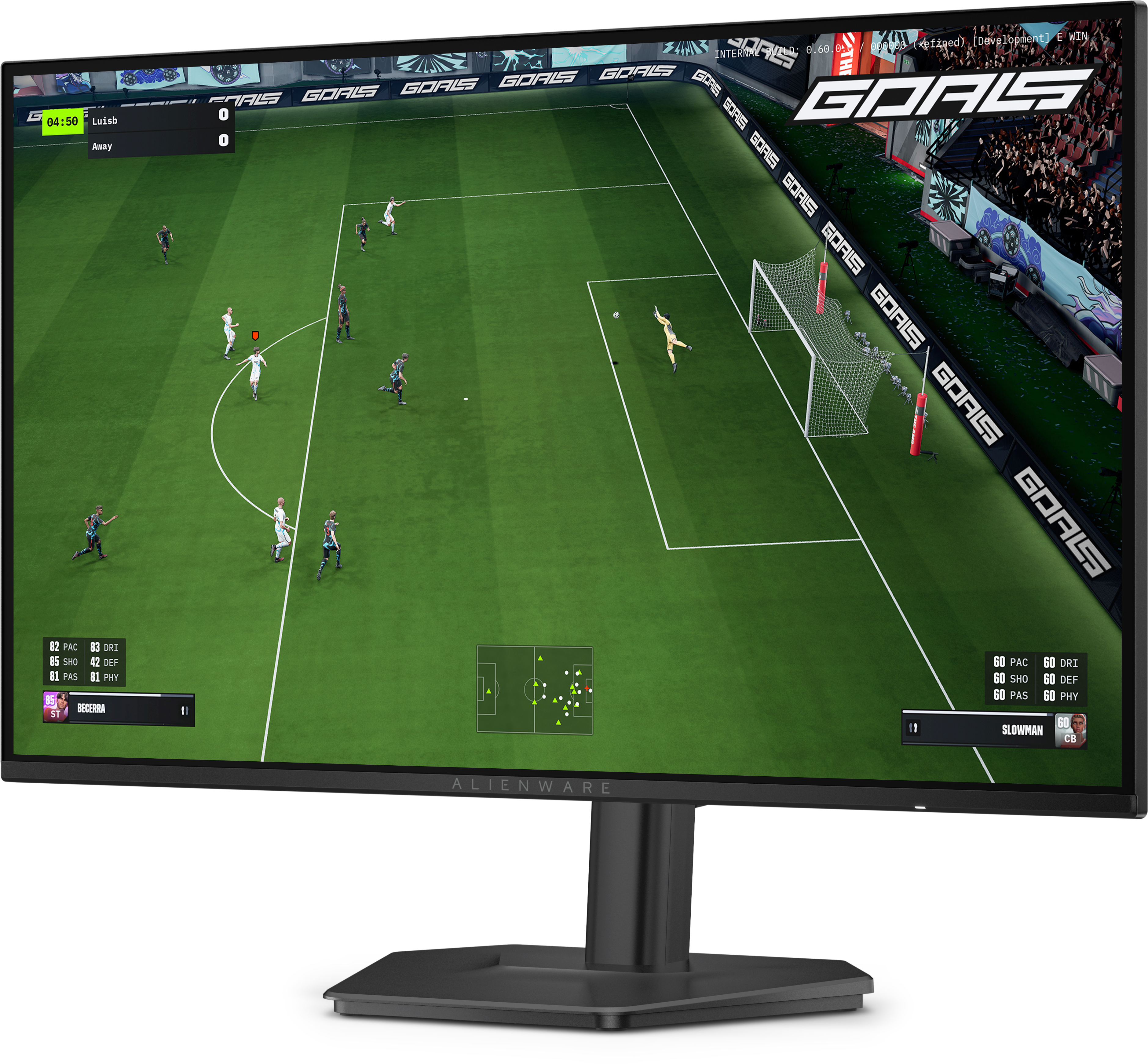 Un monitor Alienware mostra una partita di calcio con giocatori sul campo verde e tribune sullo sfondo.