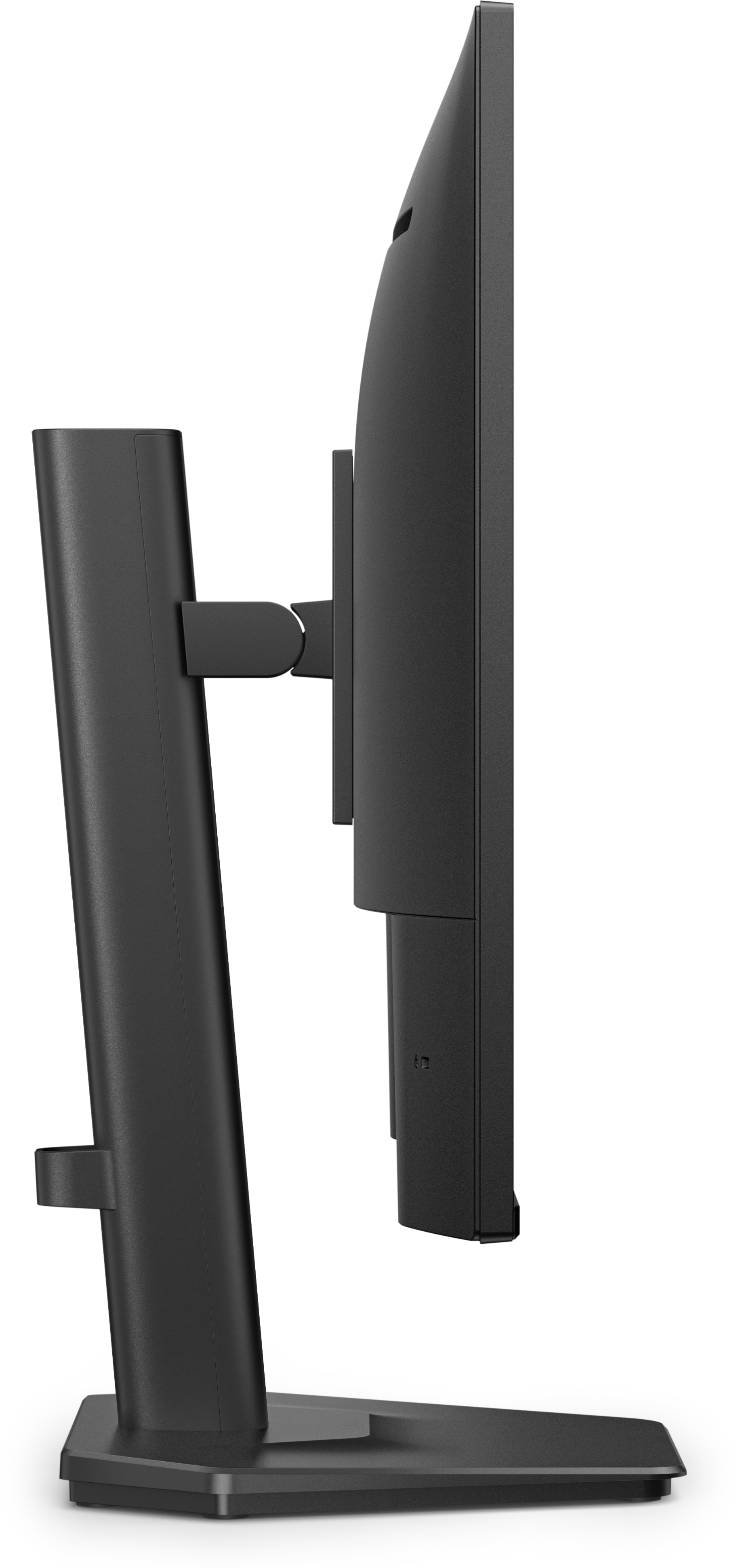 Vista laterale di un monitor per computer nero con supporto su sfondo bianco.