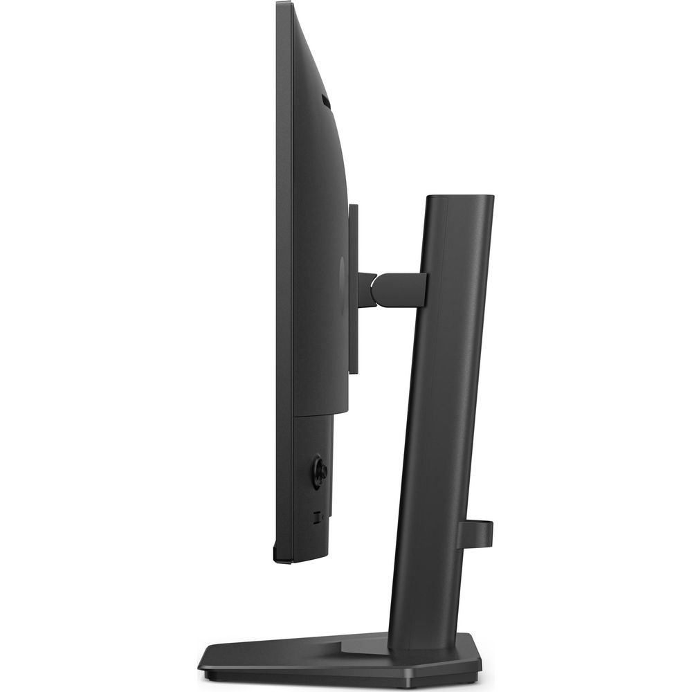 Vista laterale di un monitor nero su supporto regolabile su sfondo bianco.