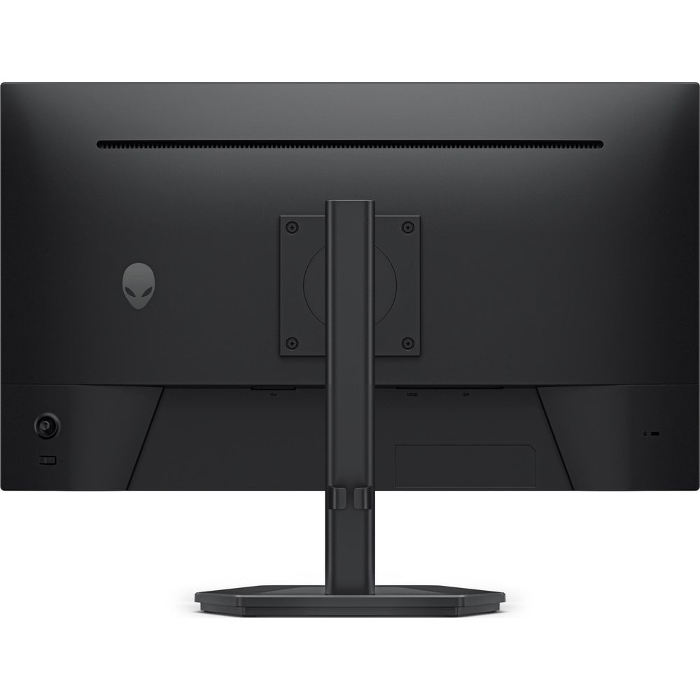 Vista posteriore di un monitor nero su supporto con logo.