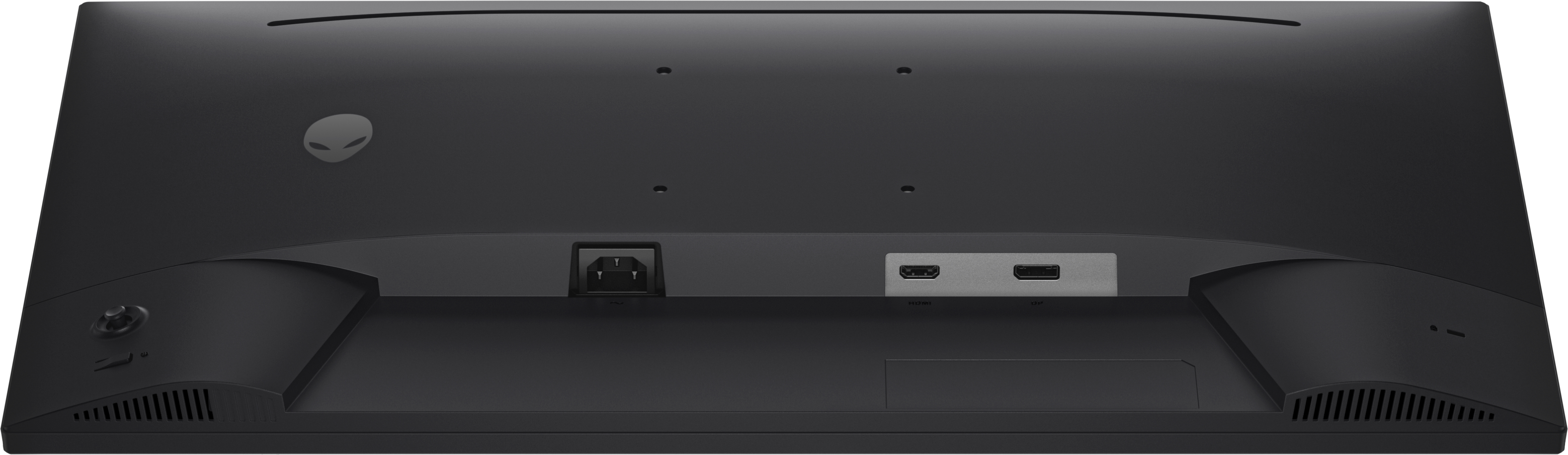 Retro di un monitor nero con porte visibili e logo Alienware.