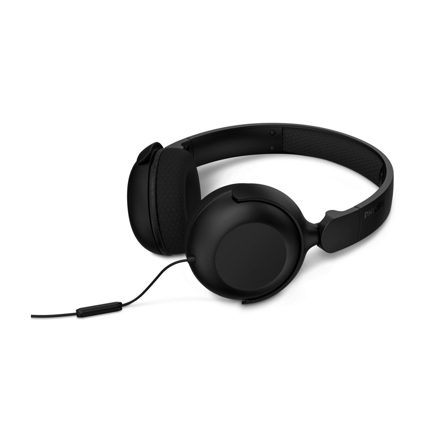Cuffie on-ear con cavo Philips nere con telecomando in linea su sfondo bianco.
