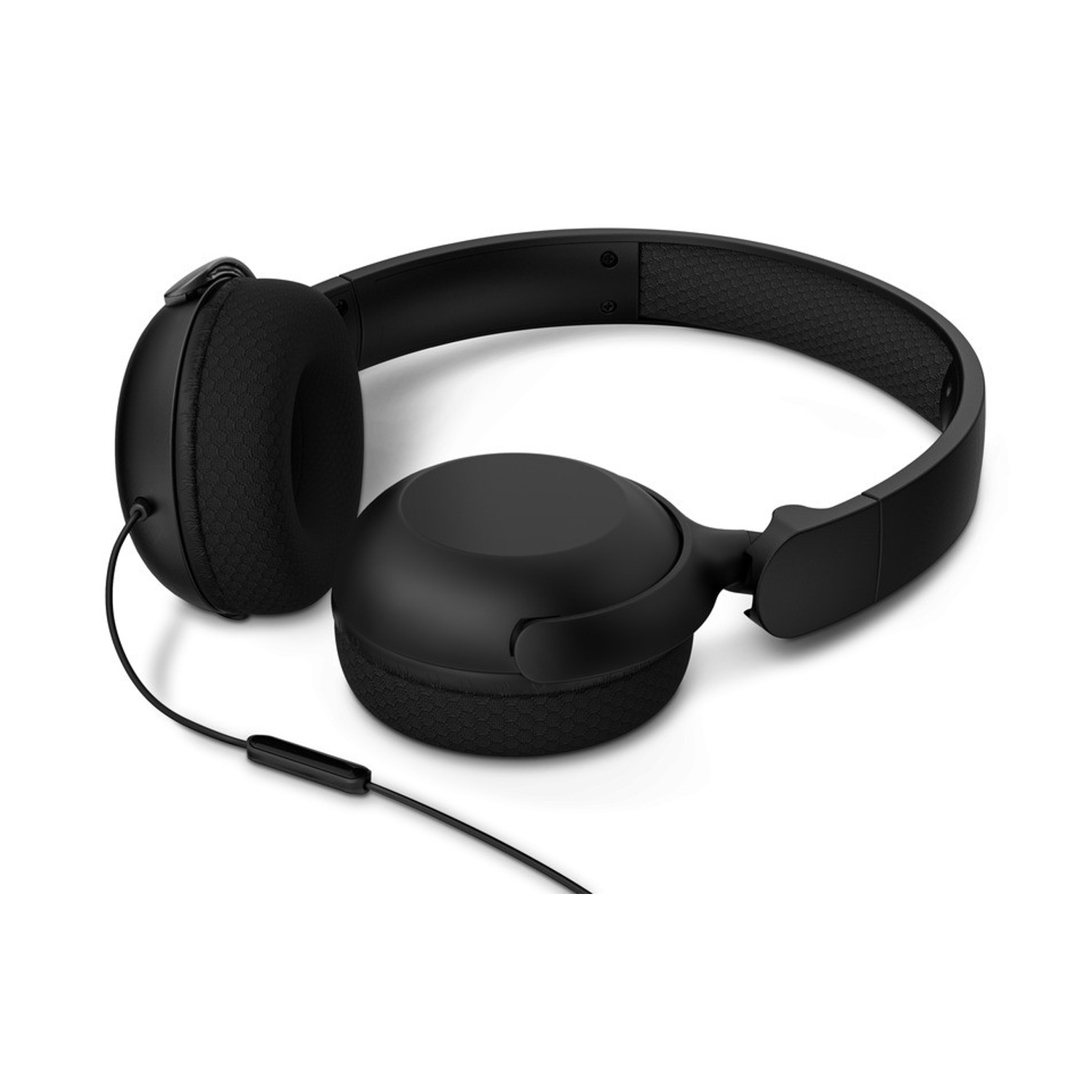 Cuffie on-ear nere con padiglioni auricolari imbottiti e un cavo su sfondo bianco.