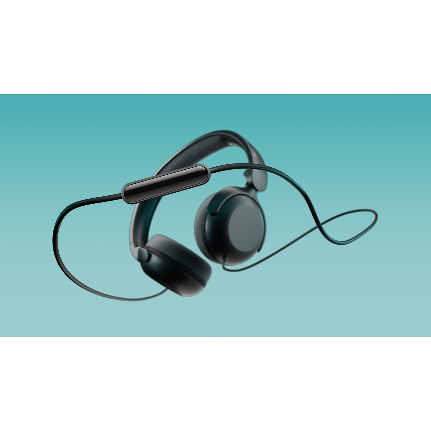 Cuffie on-ear nere con controllo in linea su sfondo verde acqua.
