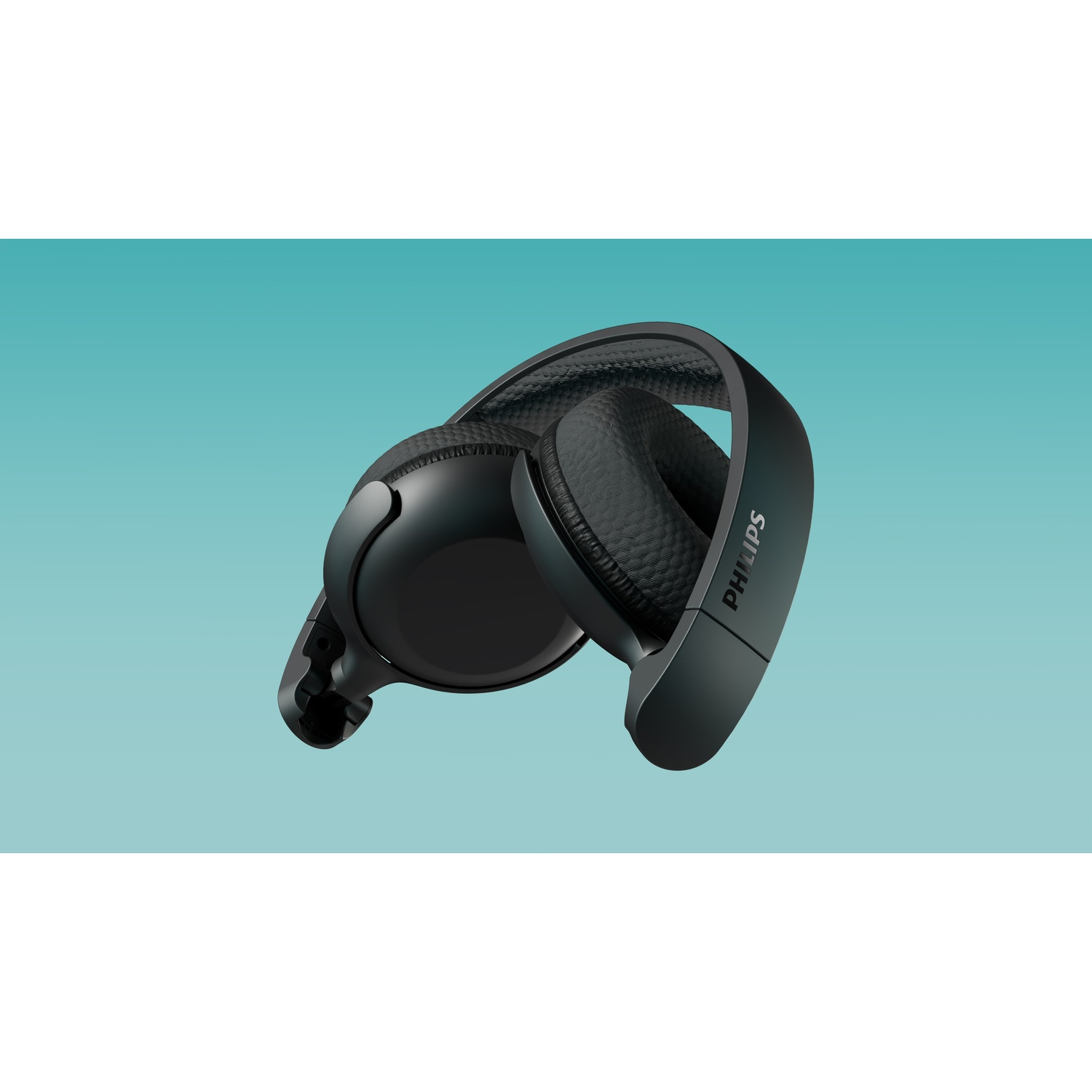 Cuffie Philips nere su sfondo blu-turchese.