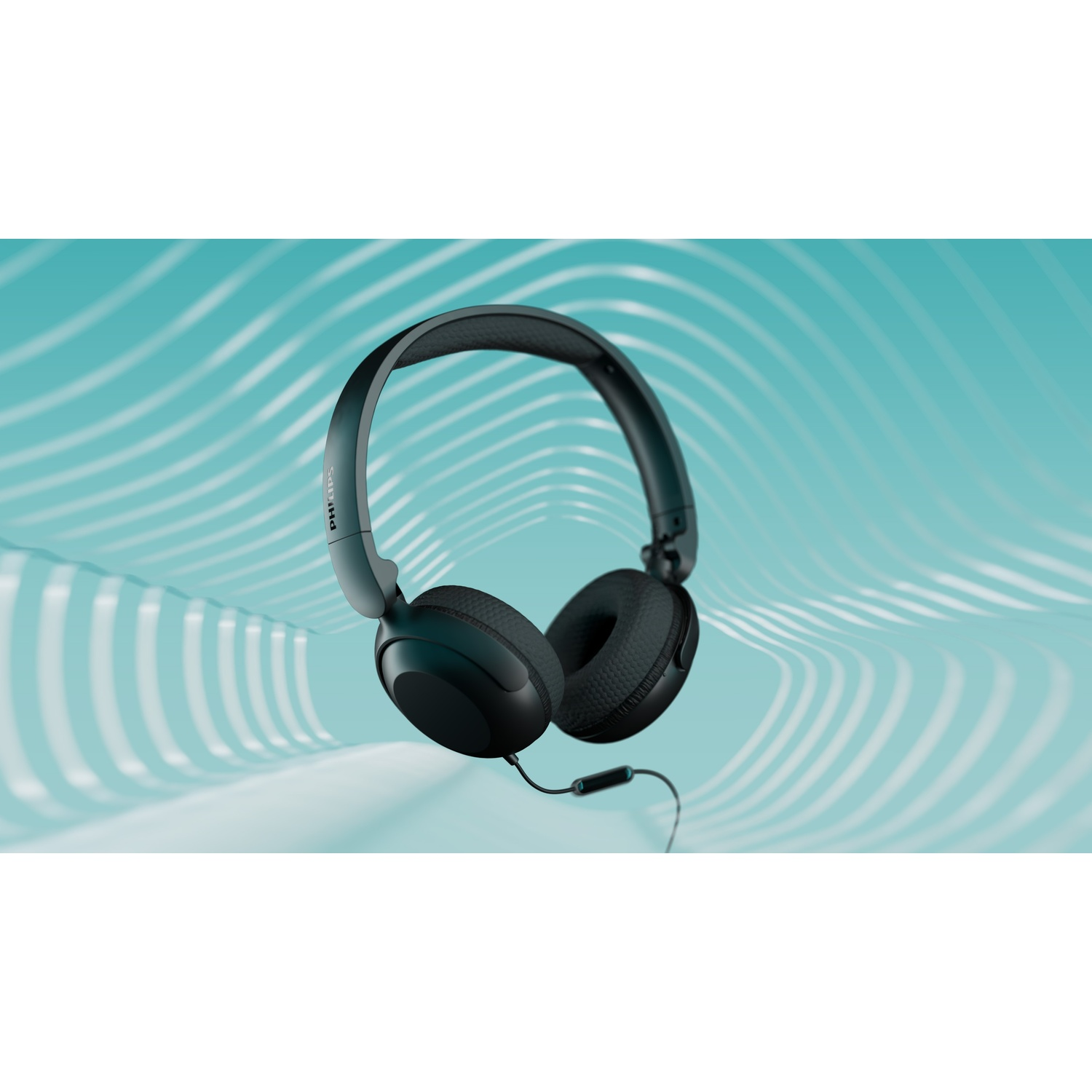 Cuffie nere Philips fluttuano su sfondo blu con onde.