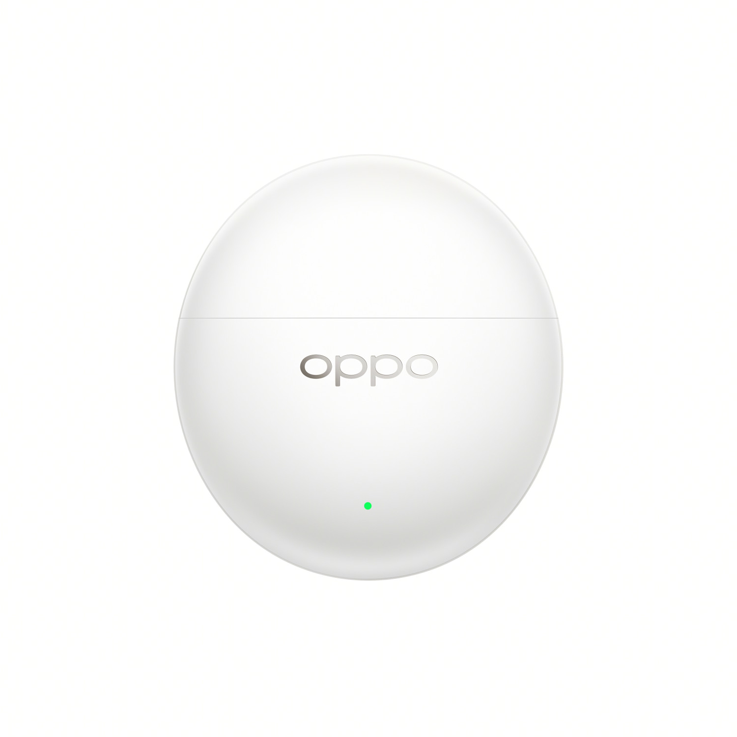 Una custodia di ricarica Oppo bianca e rotonda con una piccola luce LED verde su sfondo bianco.