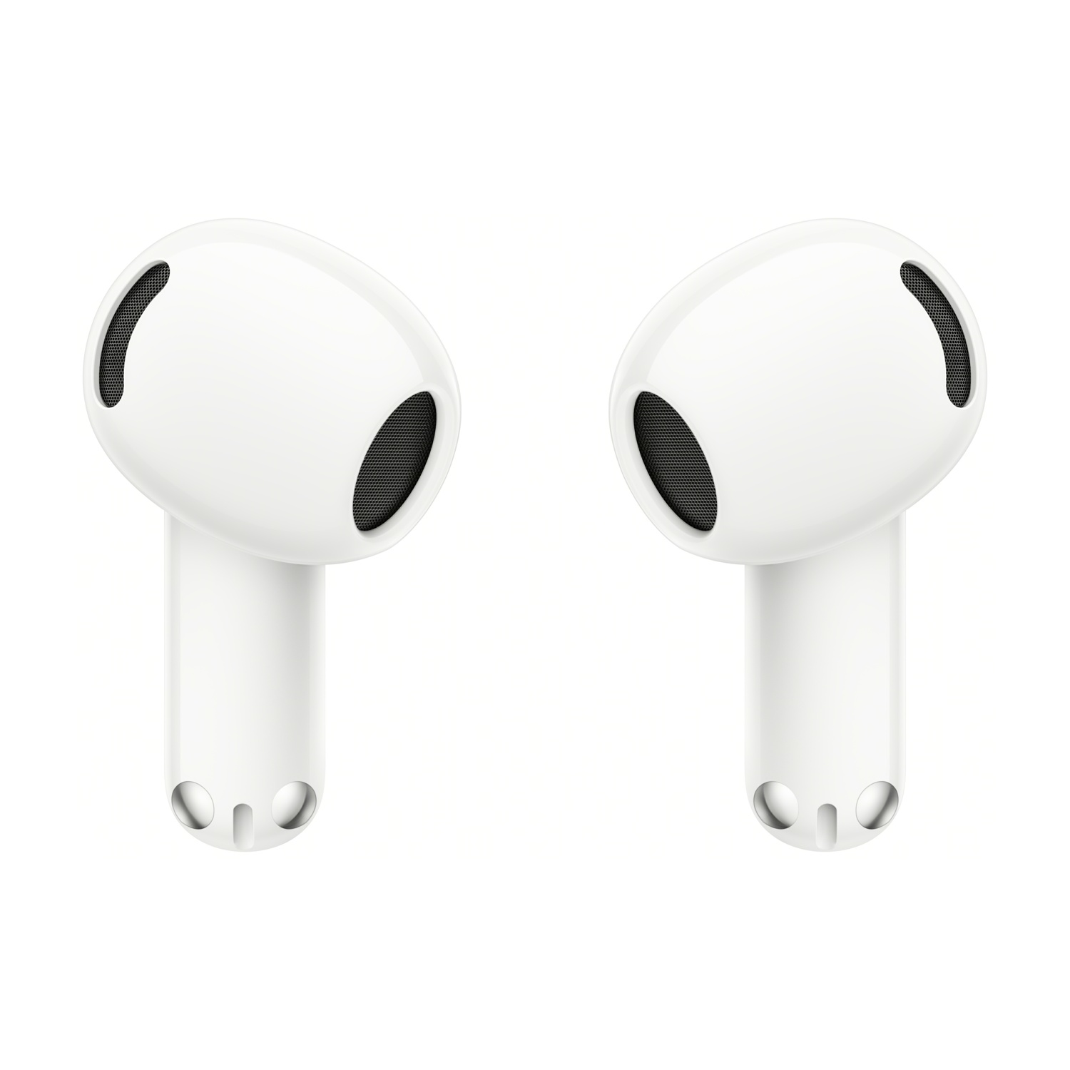 Due auricolari wireless bianchi su uno sfondo bianco uniforme.