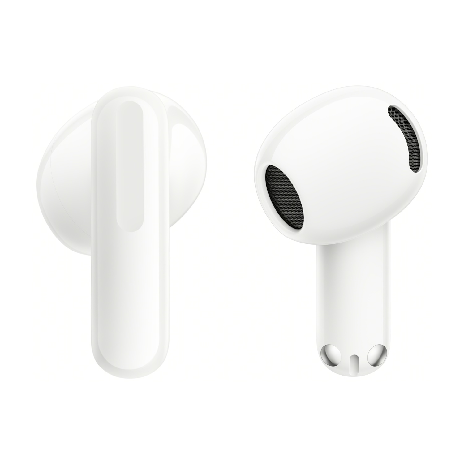 Due auricolari wireless bianchi su uno sfondo bianco.