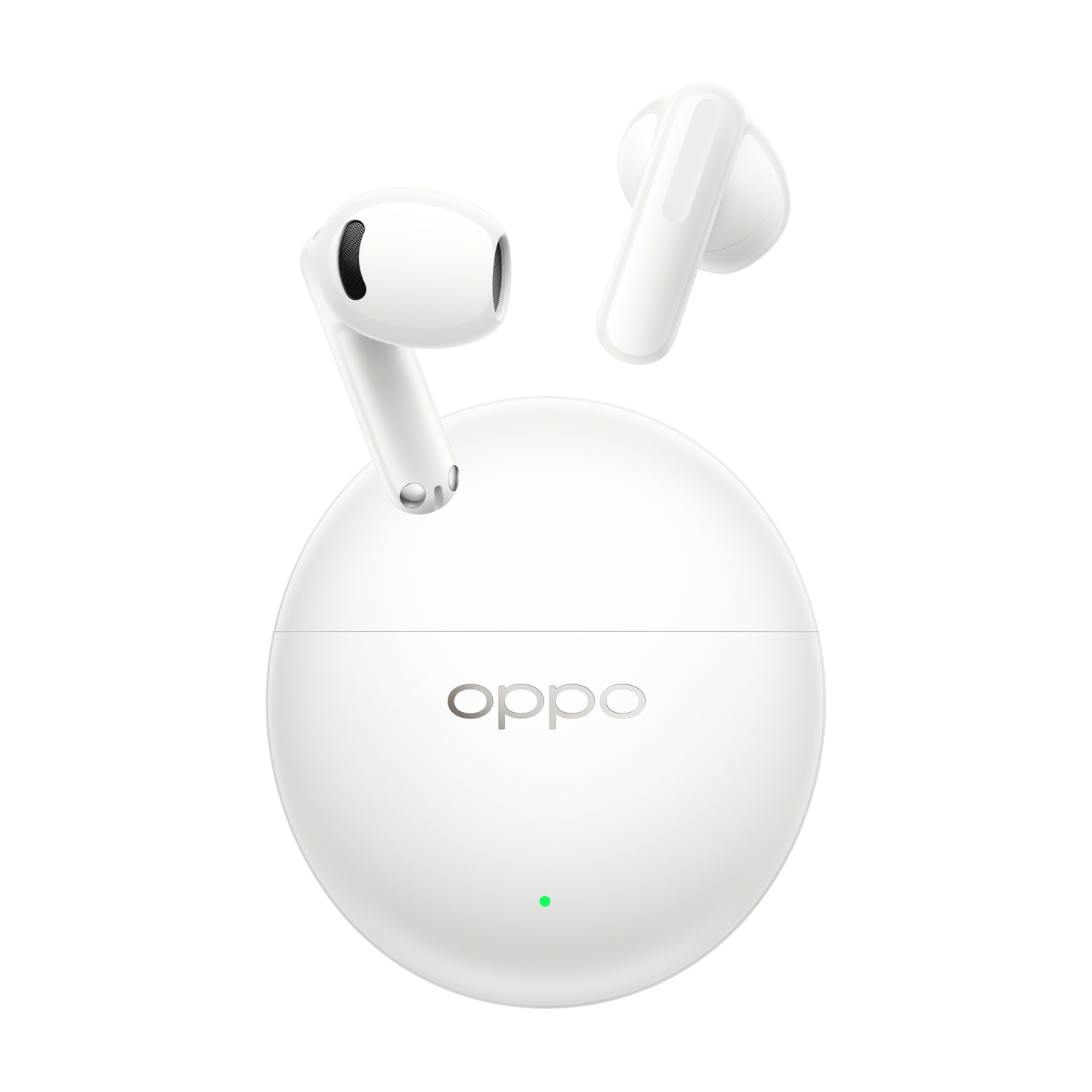 Auricolari wireless Oppo bianchi con custodia di ricarica rotonda.