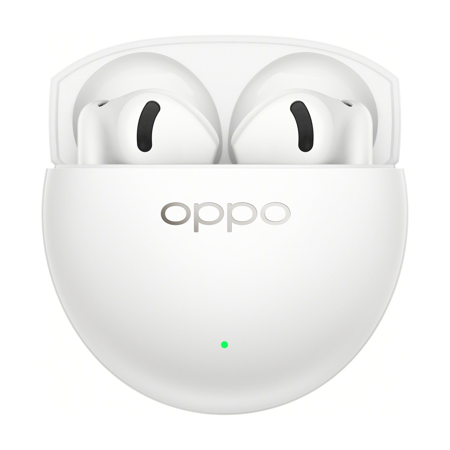 Auricolari bianchi Oppo in una custodia di ricarica aperta con luce LED verde su sfondo bianco.