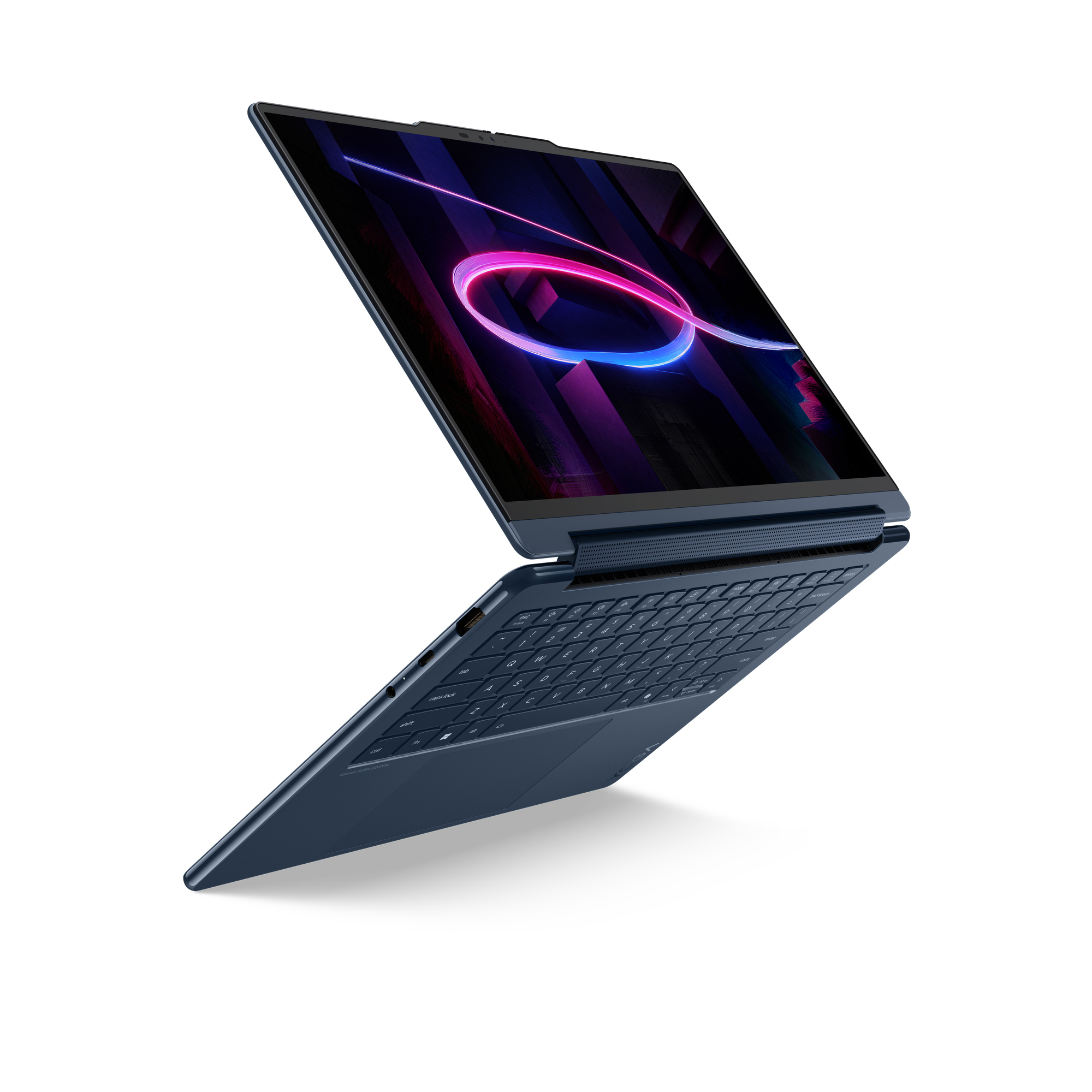 Ein blauer Laptop schwebt in einem schrägen Winkel und zeigt seinen Bildschirm mit einem pinken Neonlicht-Design.