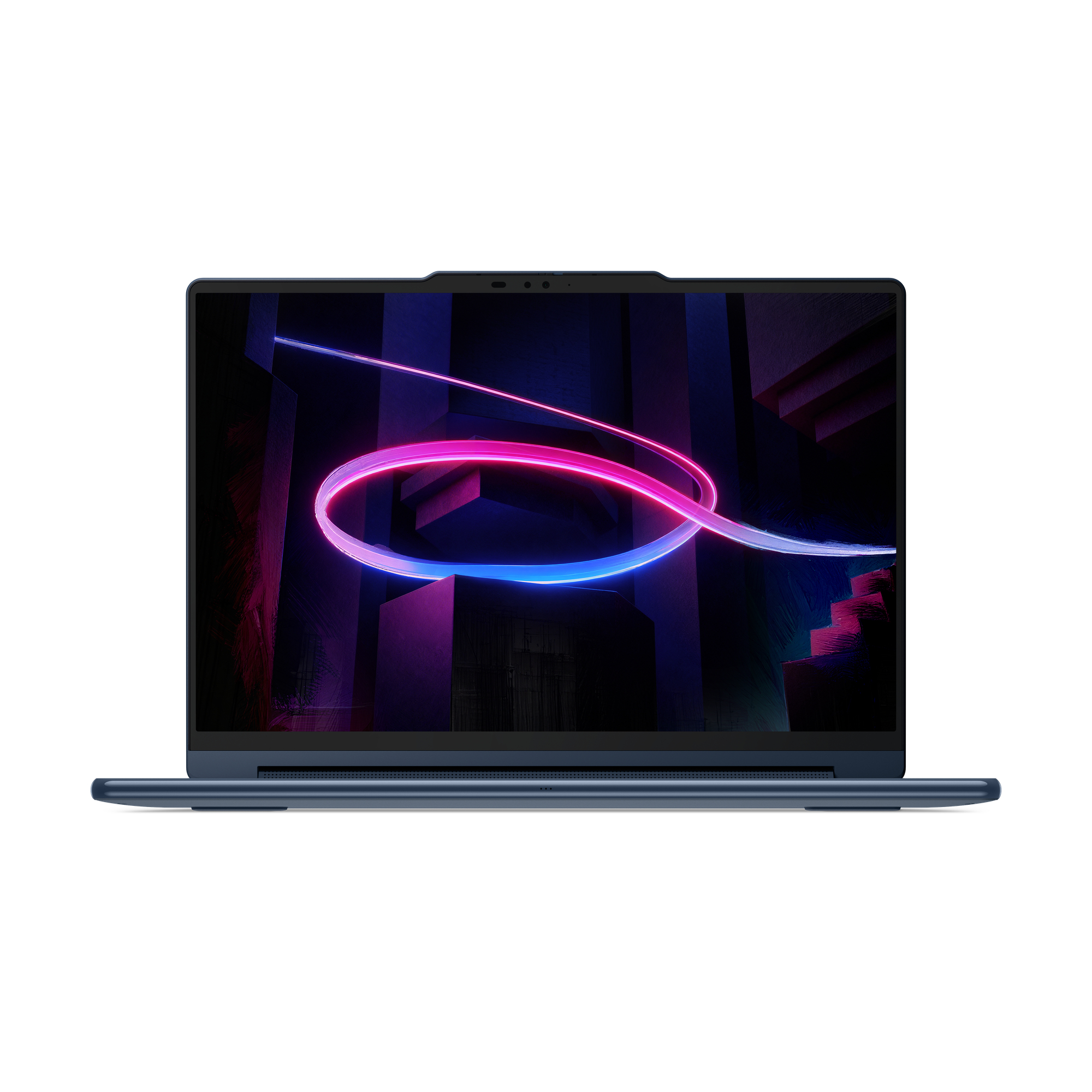 Frontalansicht eines blauen Laptops mit einem leuchtenden pink-blauen Neon-Schleifendesign auf dem Bildschirm vor dunklem Hintergrund.