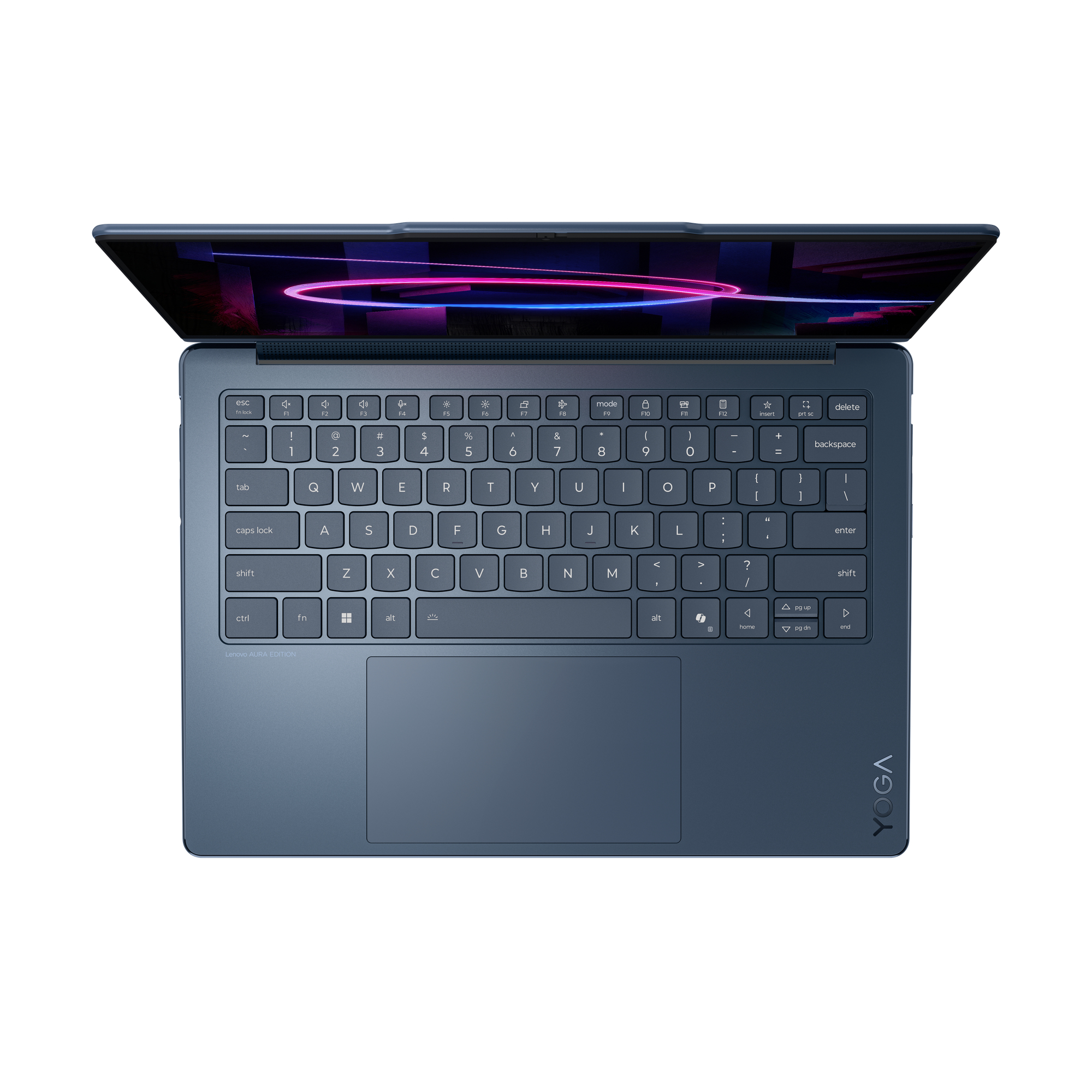 Draufsicht auf einen blauen Laptop mit beleuchtetem Bildschirm und QWERTY-Tastatur auf weißem Hintergrund.
