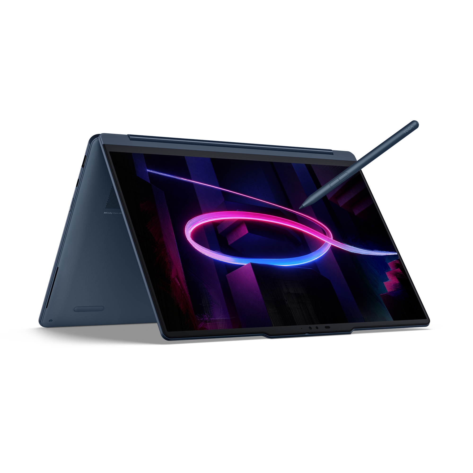 Ein blauer Laptop im Zeltmodus mit leuchtendem Display und einem Stift daneben auf weißem Grund.