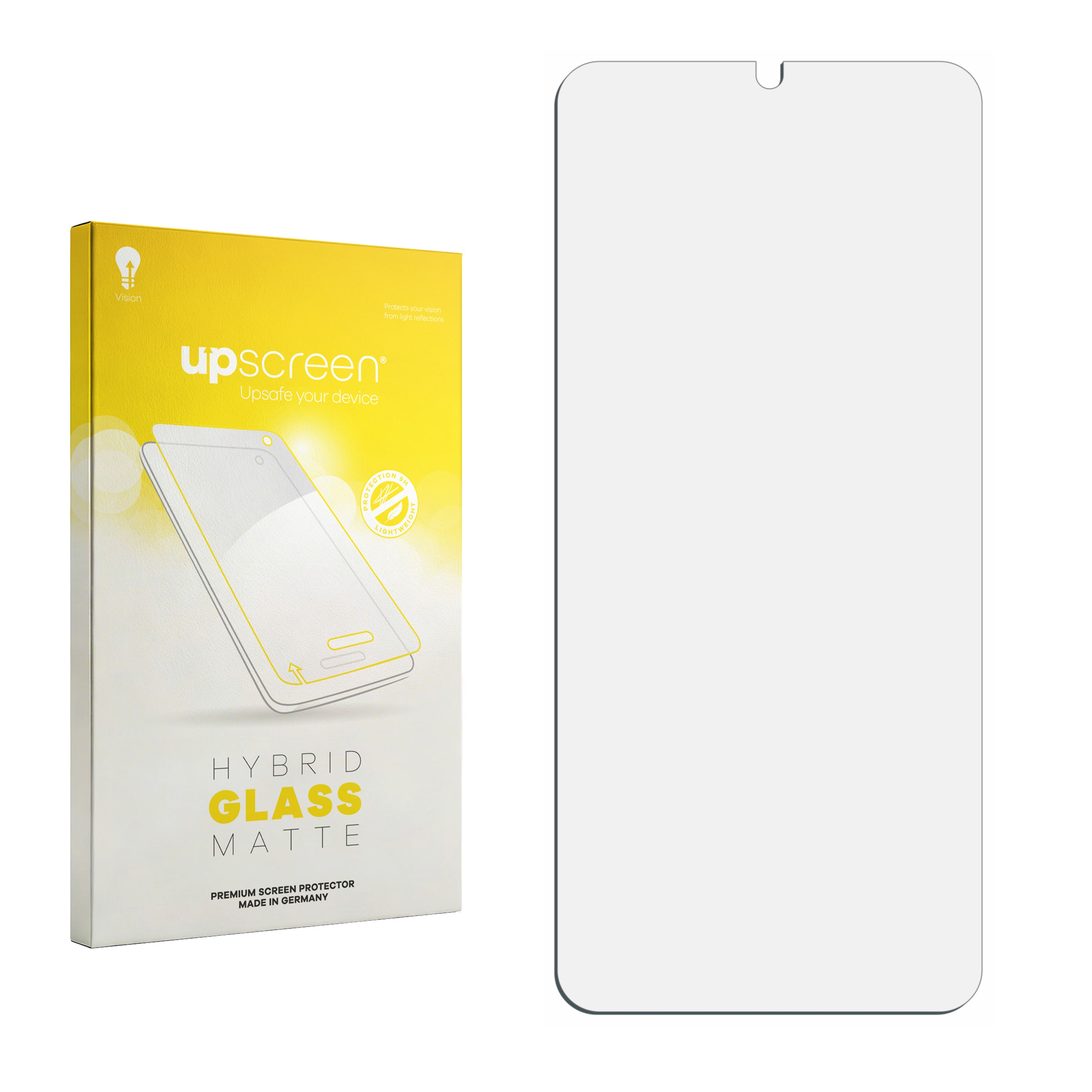 Upscreen Hybrid Glass Matte Displayschutzfolie mit Verpackung.