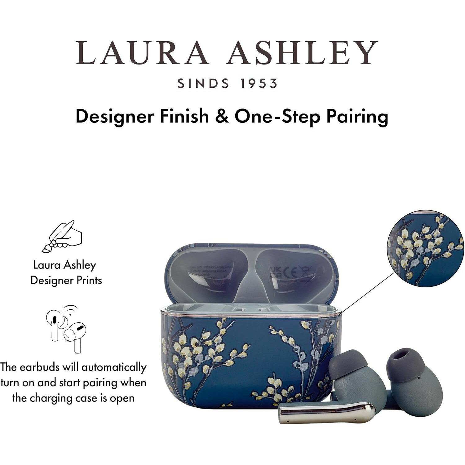 Laura Ashley kabellose Ohrhörer in einer blauen Ladebox mit Blumenmuster.