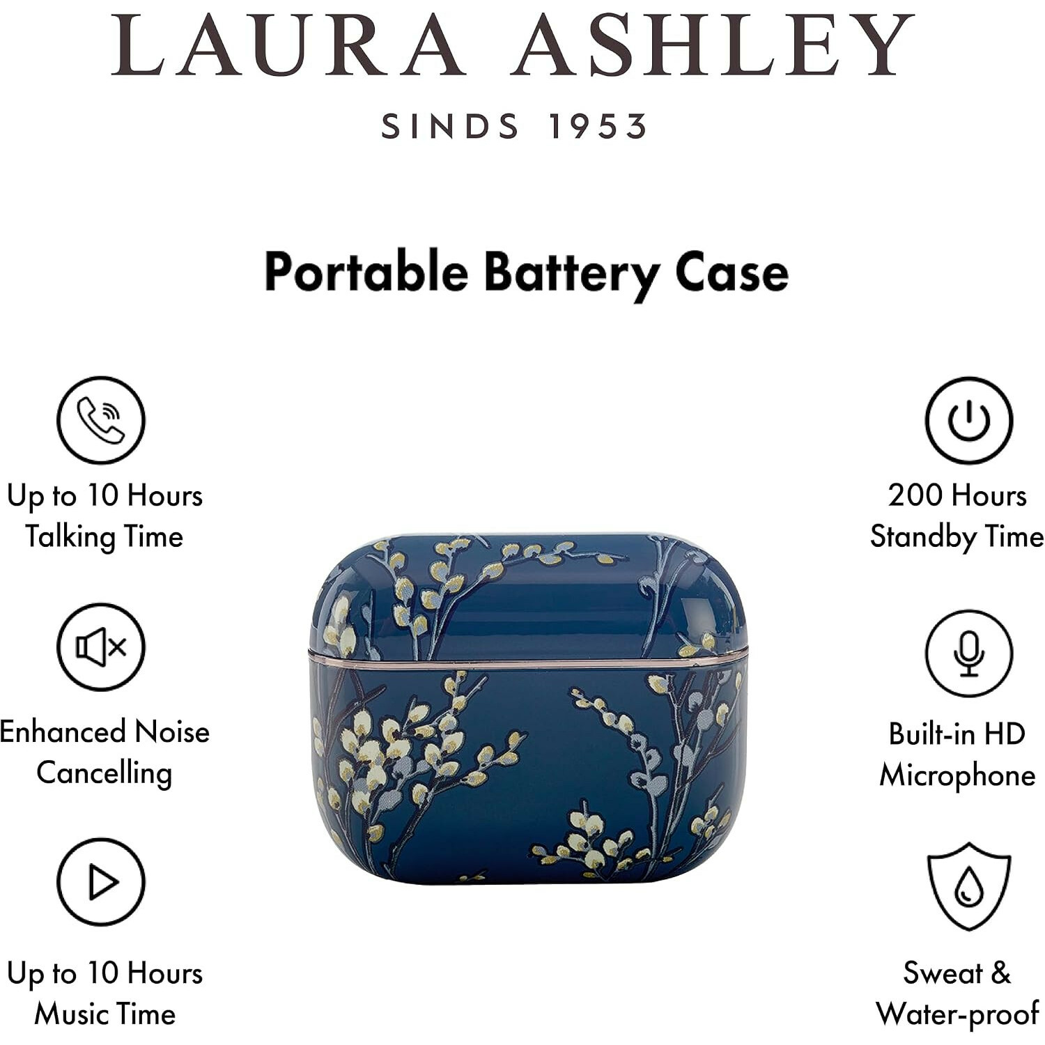 Laura Ashley tragbares Batteriefach mit floralem Muster und Funktionssymbolen.