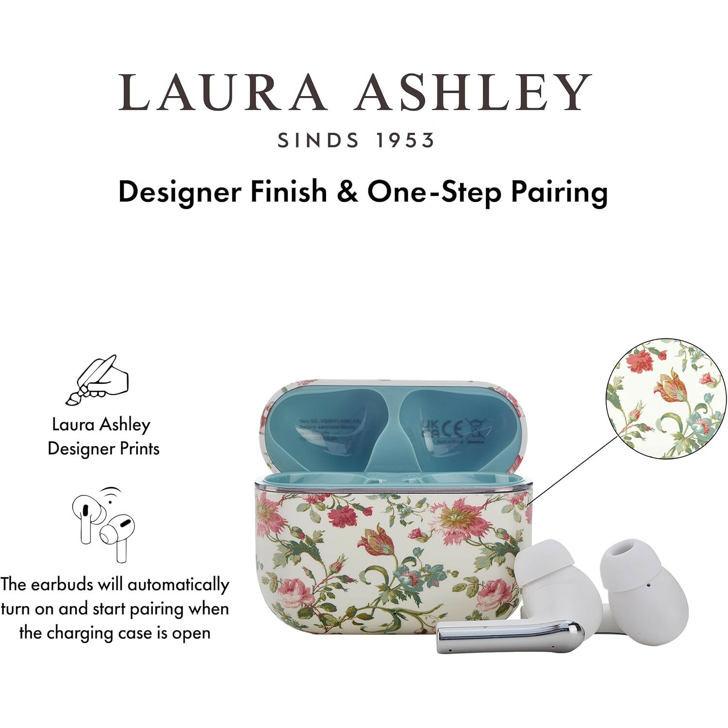 Laura Ashley kabellose Ohrhörer mit floralem Ladeetui und weißen Ohrstöpseln.