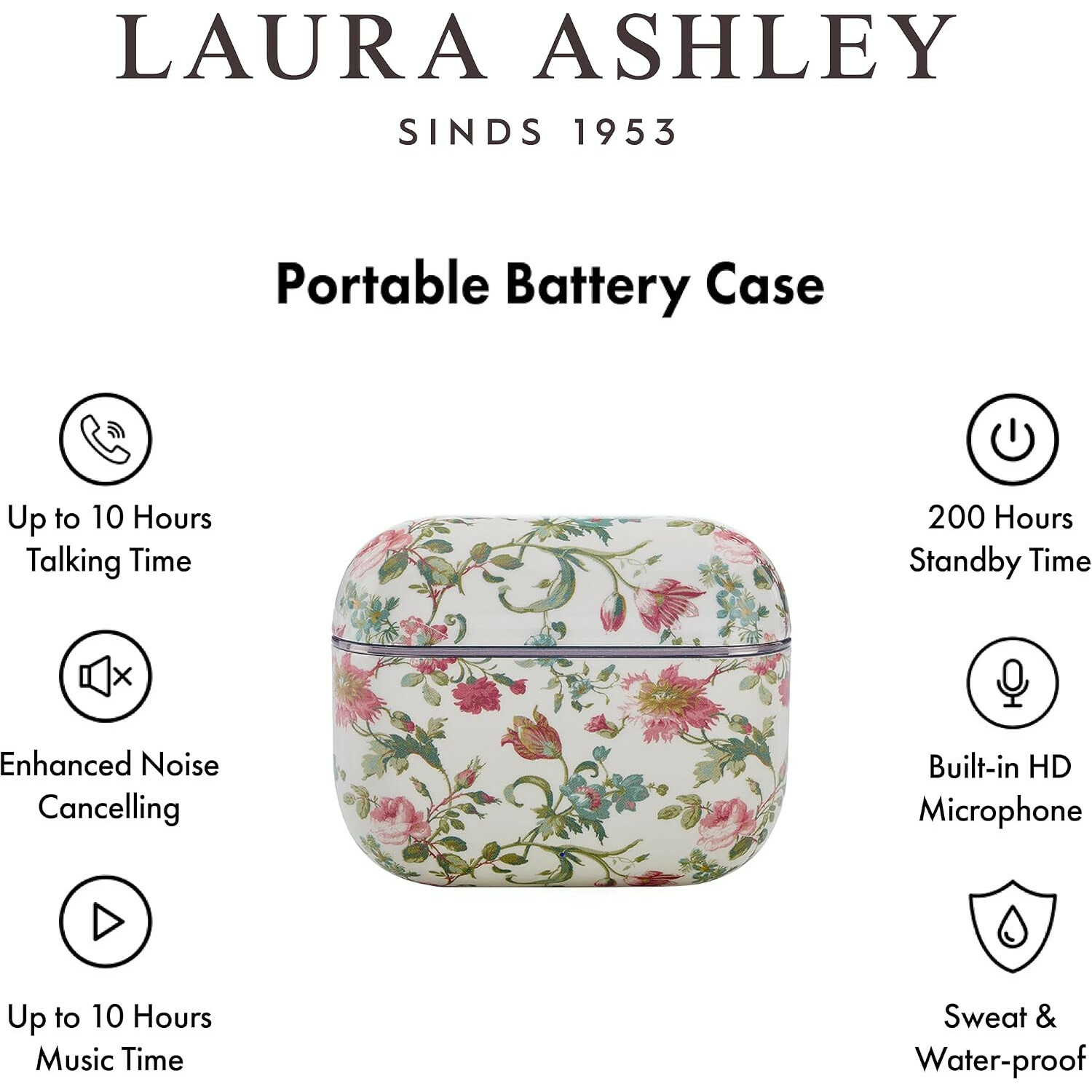 Laura Ashley kabellose Ladebox mit Blumenmuster, umgeben von Funktionssymbolen.