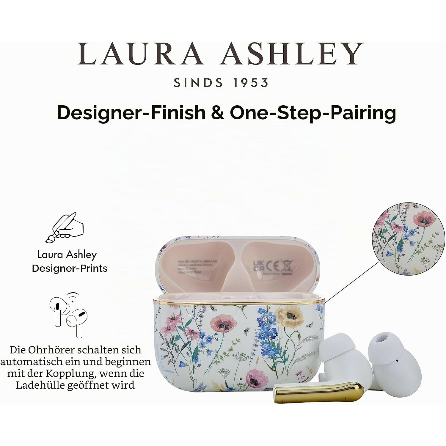 Laura Ashley Designer-Ohrhörer mit floralem Etui und goldenen Akzenten.