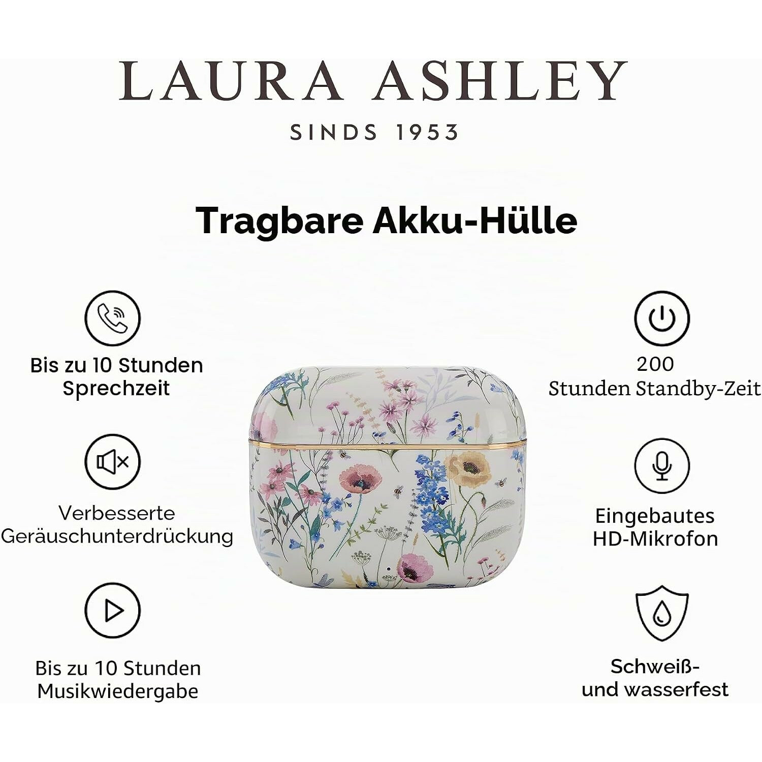 Laura Ashley tragbare Akku-Hülle mit floralem Design und Funktionssymbolen.