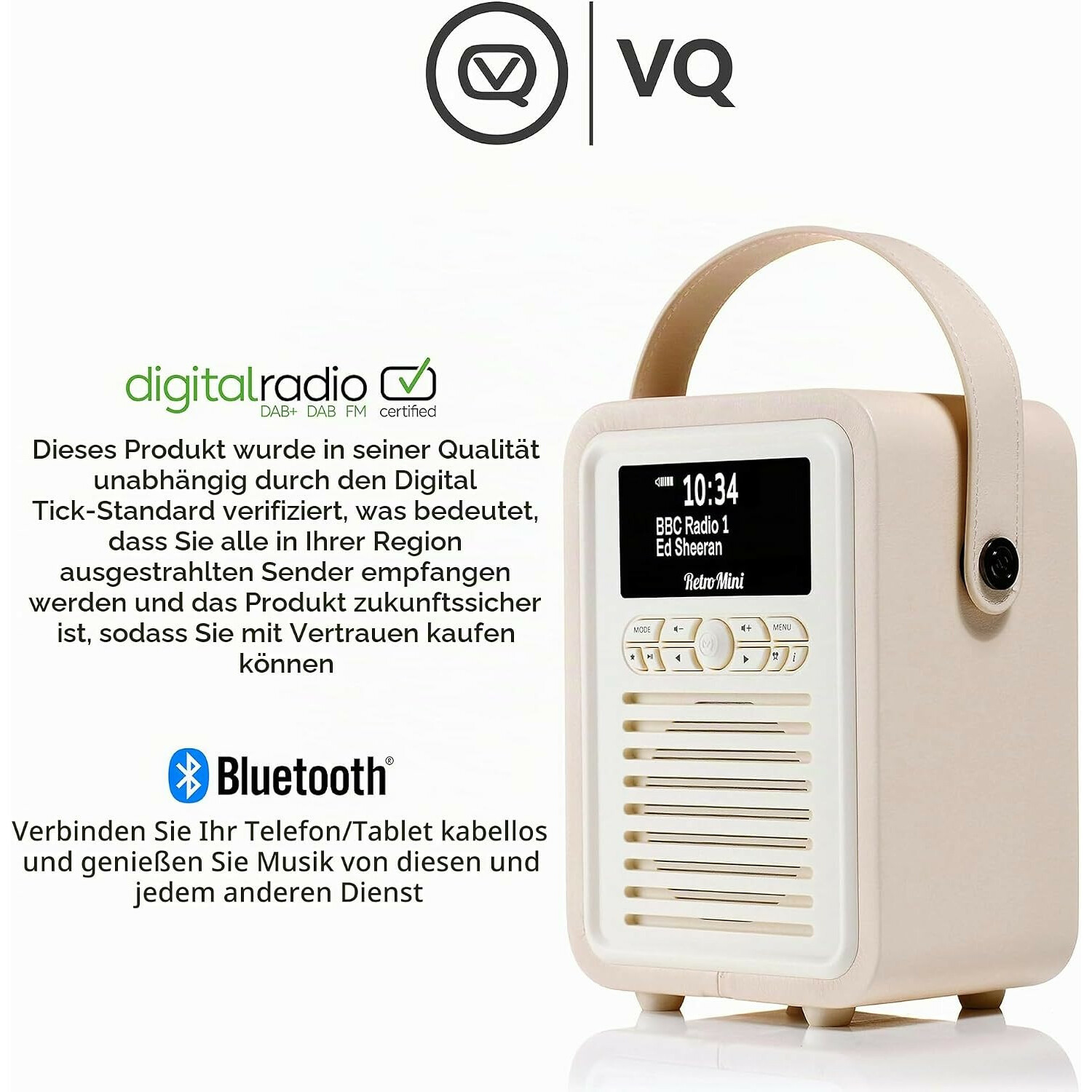 Beigefarbendes Retro-Radio mit Bluetooth, digitalem Display, Tragegriff und deutscher Beschreibung.