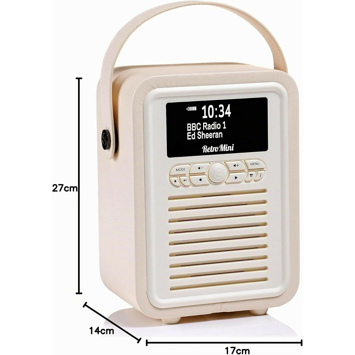 Beiges Retro-Mini-Radio mit Griff, digitalem Display, Bedientasten, Lautsprechergitter und Maßen 27x17x14cm.