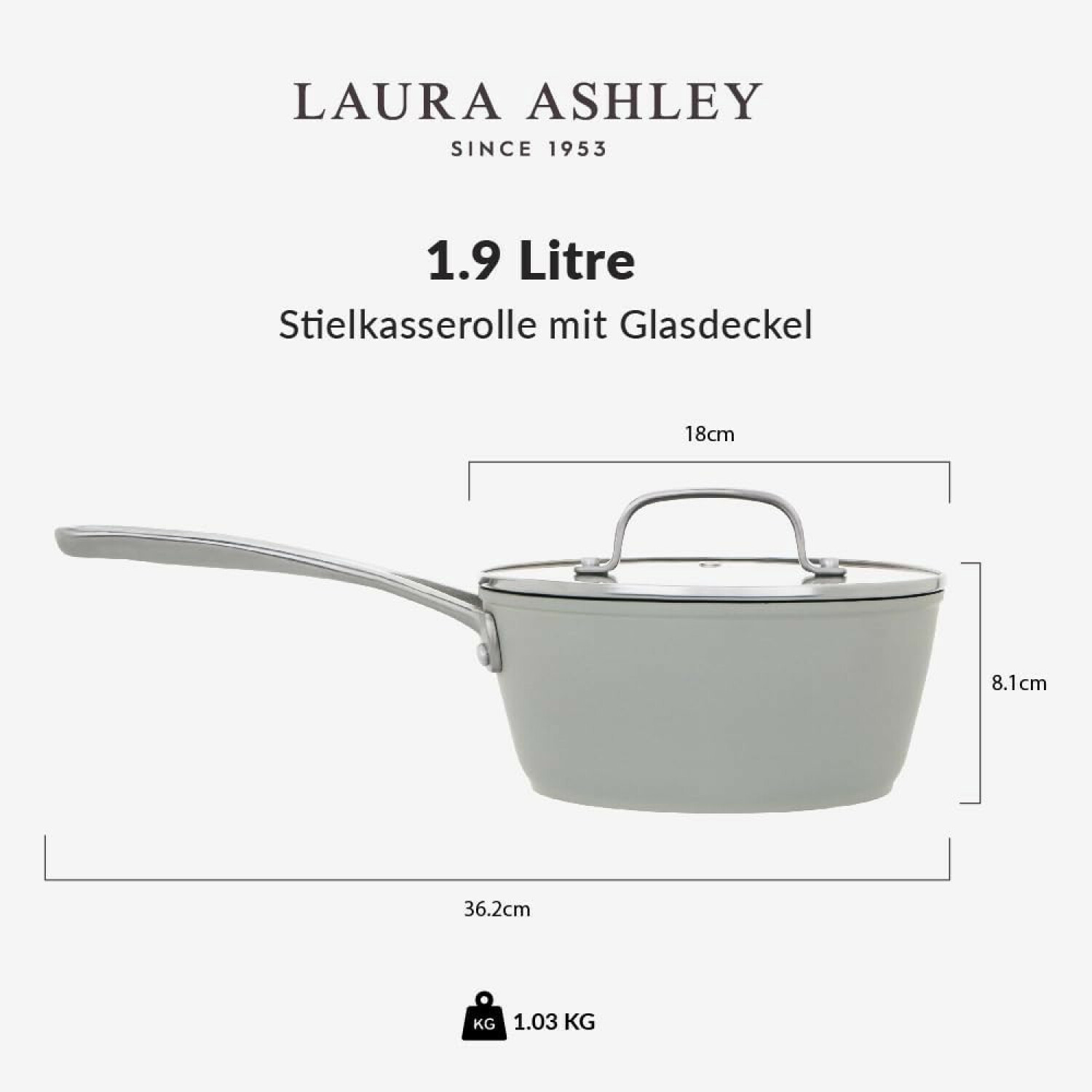 Laura Ashley graue Stielkasserolle mit Glasdeckel, Maße 18cm, 8.1cm und Gewicht 1.03kg auf weißem Hintergrund.