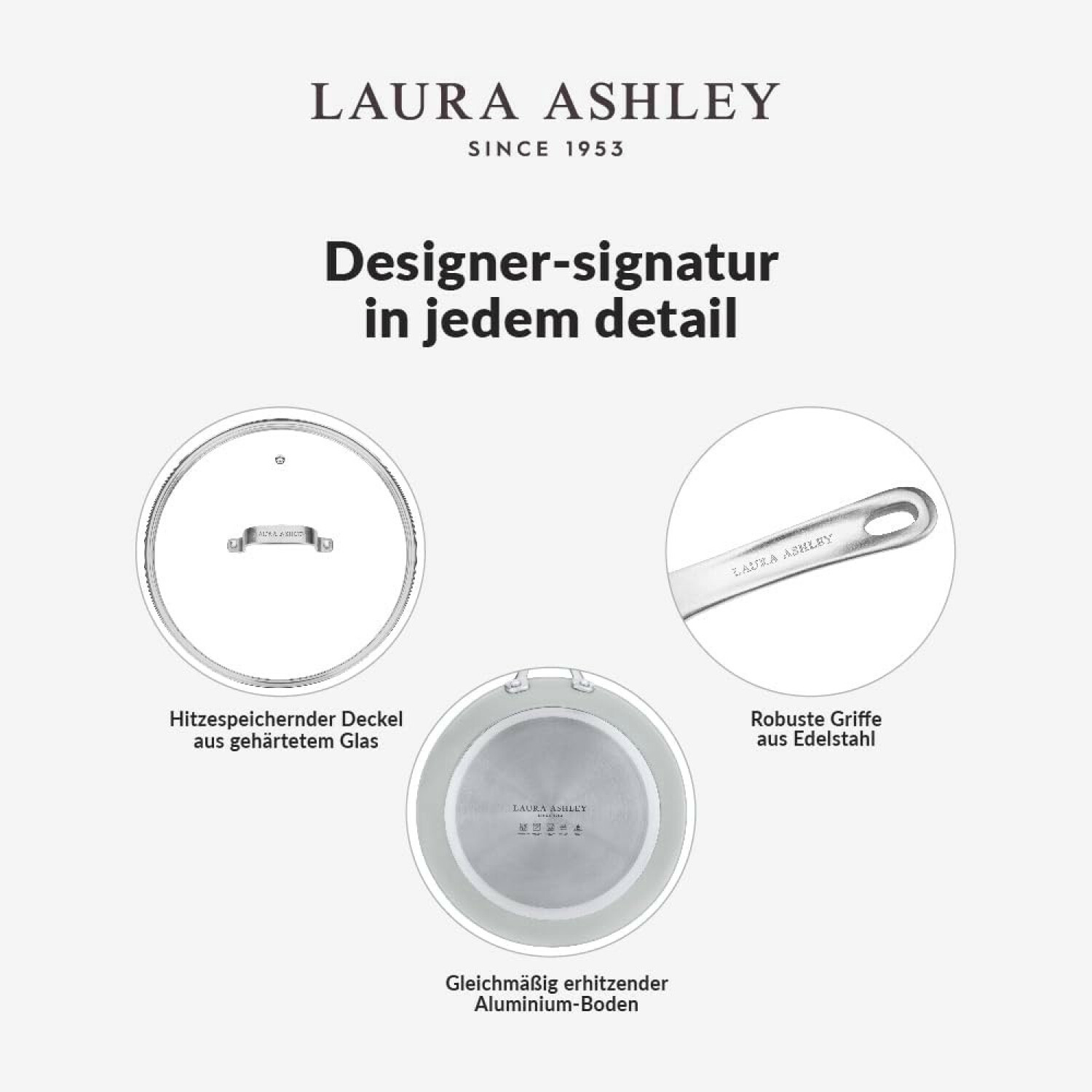 Laura Ashley Kochgeschirr-Details: Glasdeckel, Edelstahldriff und Aluminiumboden.