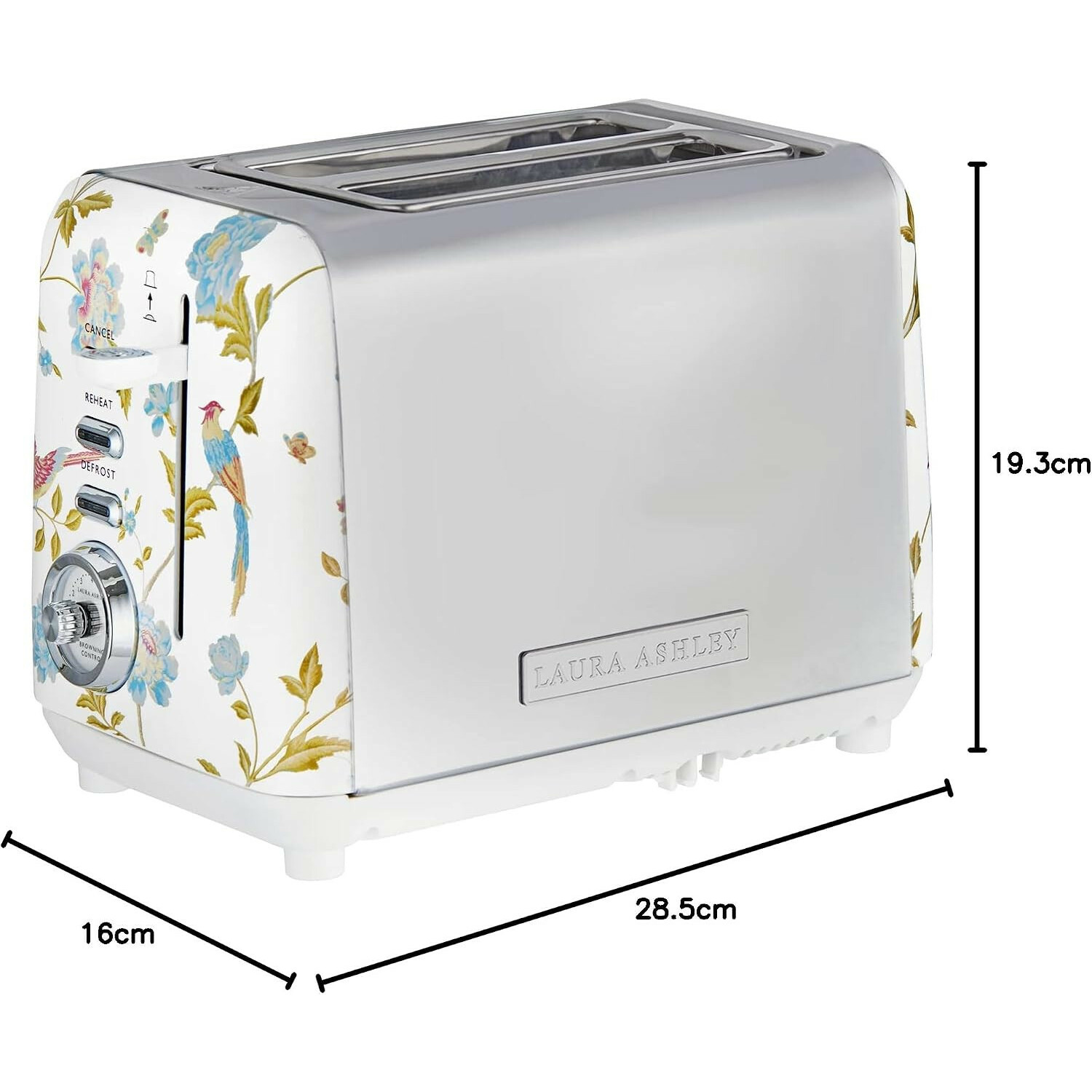 Ein weißer Laura Ashley Toaster mit Blumenmuster, Chromakzenten und Maßangaben in cm.