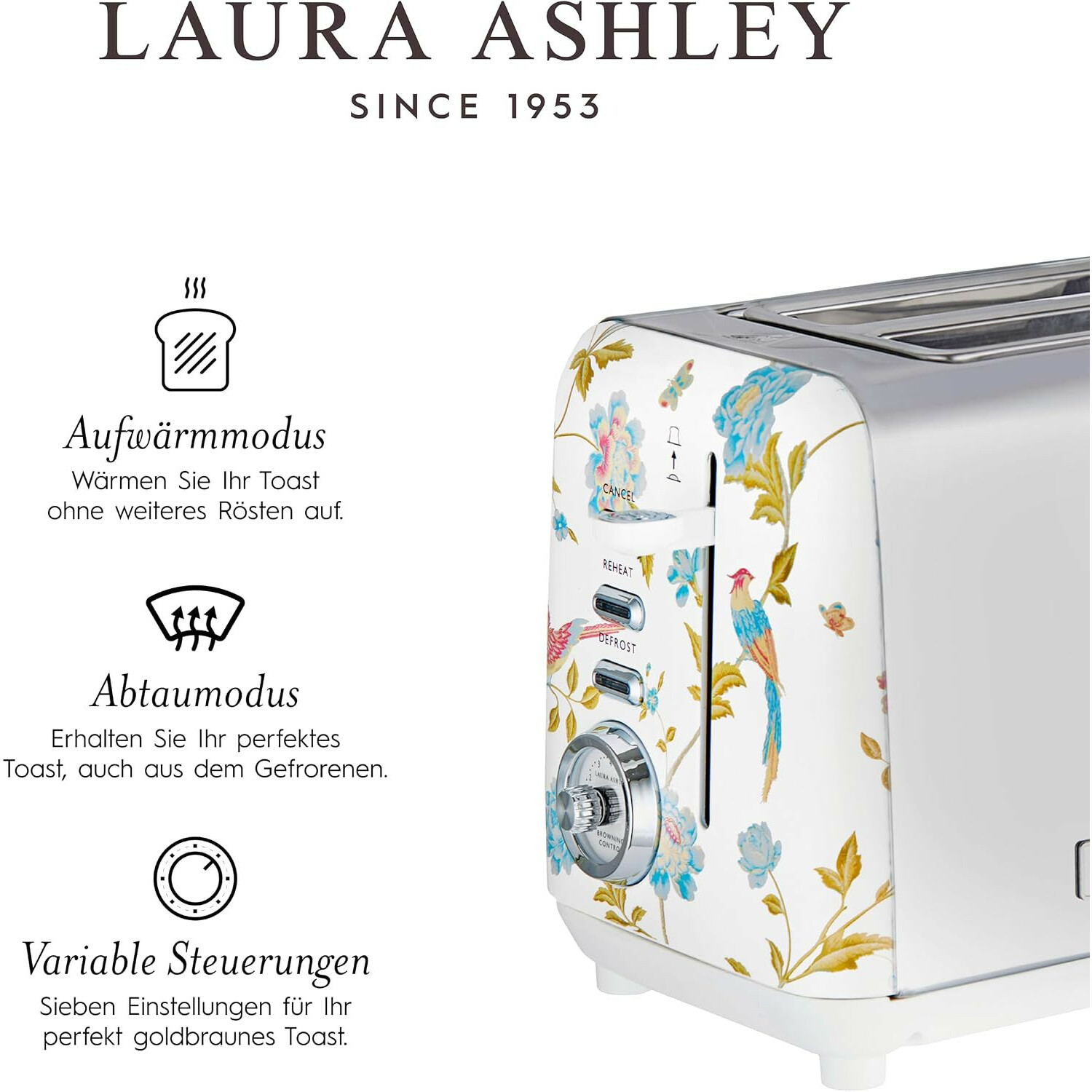 Laura Ashley Toaster mit Blumenmuster, Knöpfen für Aufwärmen und Abtauen sowie Temperaturregler.