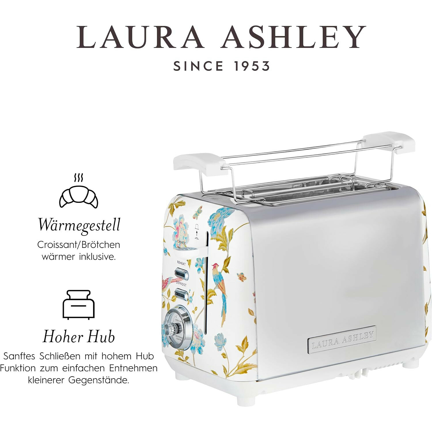 Laura Ashley weißer Toaster mit Blumenmuster, Brötchenaufsatz und silbernen Akzenten vor weißem Hintergrund.