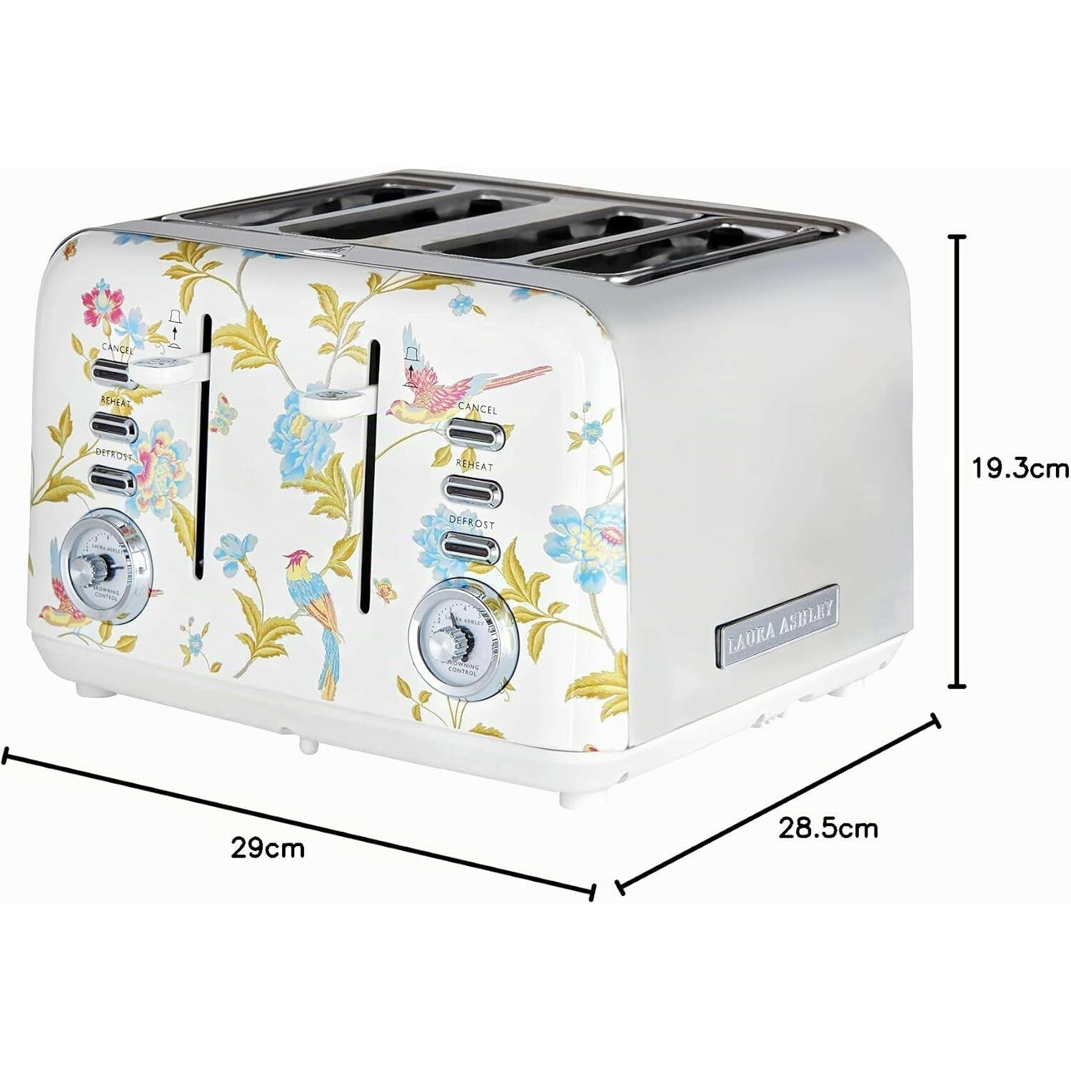 Weißer 4-Scheiben-Toaster mit Blumen- und Vogelmuster, Metallreglern und Maßen auf weißem Hintergrund.