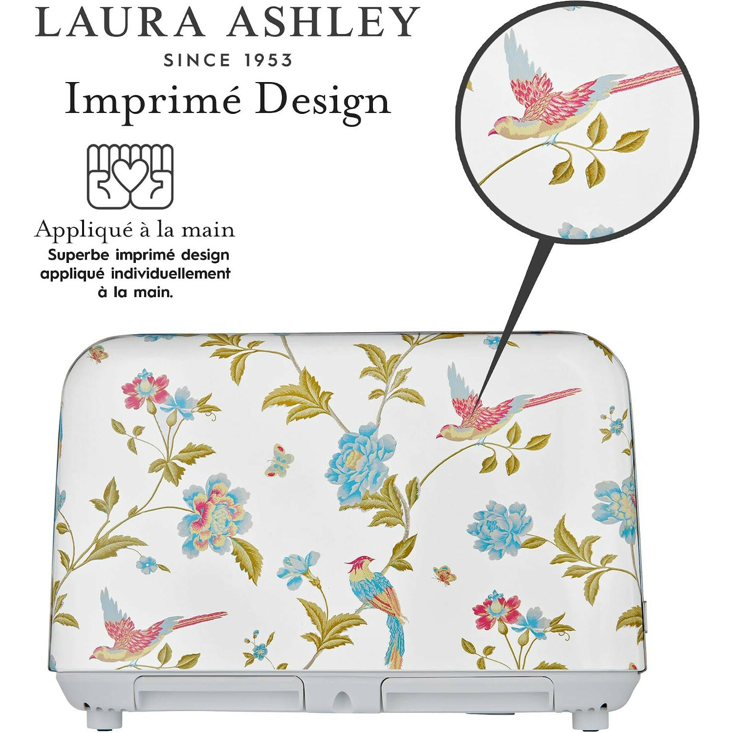 Laura Ashley Toaster mit weißem Blumen- und Vogelmuster und Text.