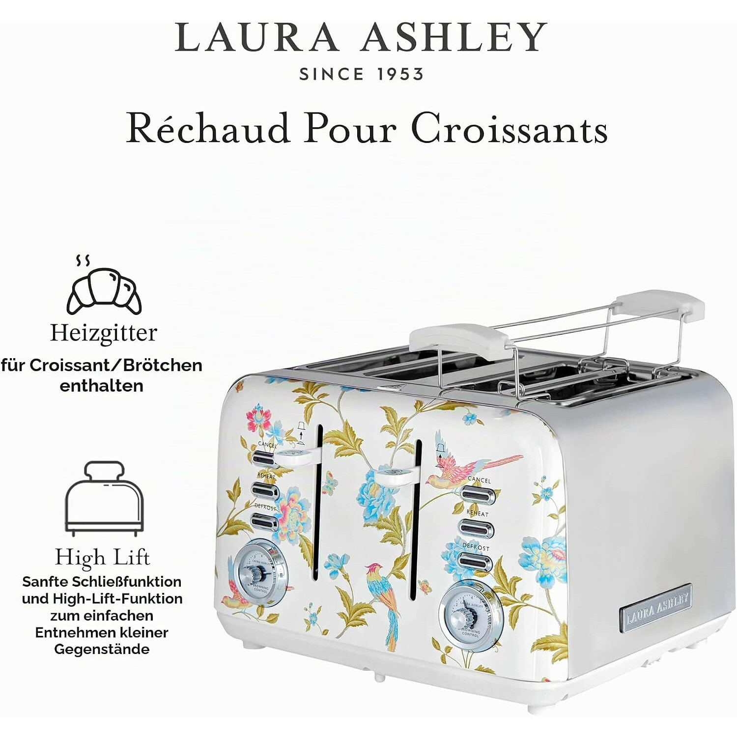 Laura Ashley Vierscheiben-Toaster mit Blumenmuster, Brötchenaufsatz und Bedienknöpfen auf weißem Hintergrund.