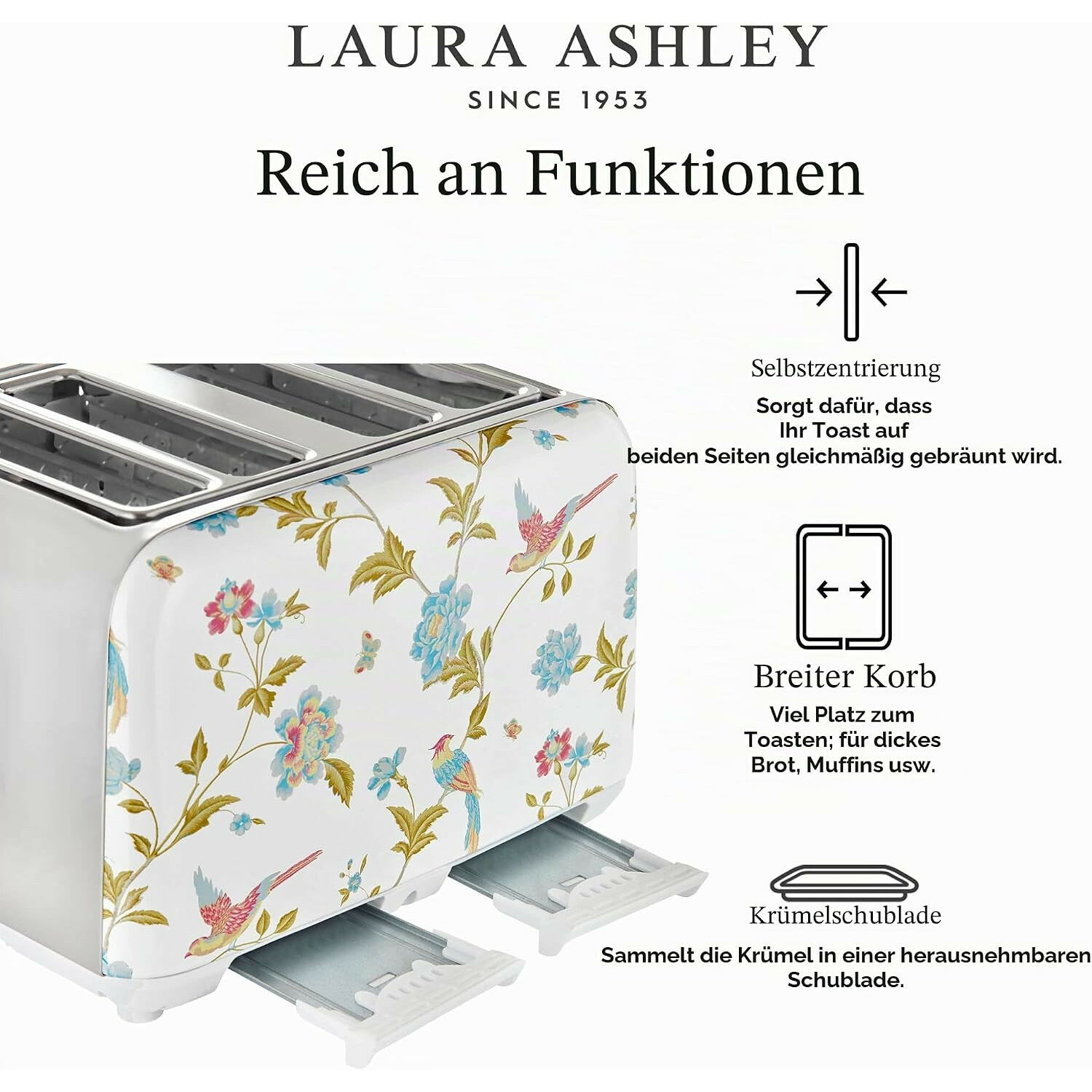 Laura Ashley 4-Scheiben-Toaster mit Blumendesign, Funktionstexten auf Deutsch und Krümelschubladen.