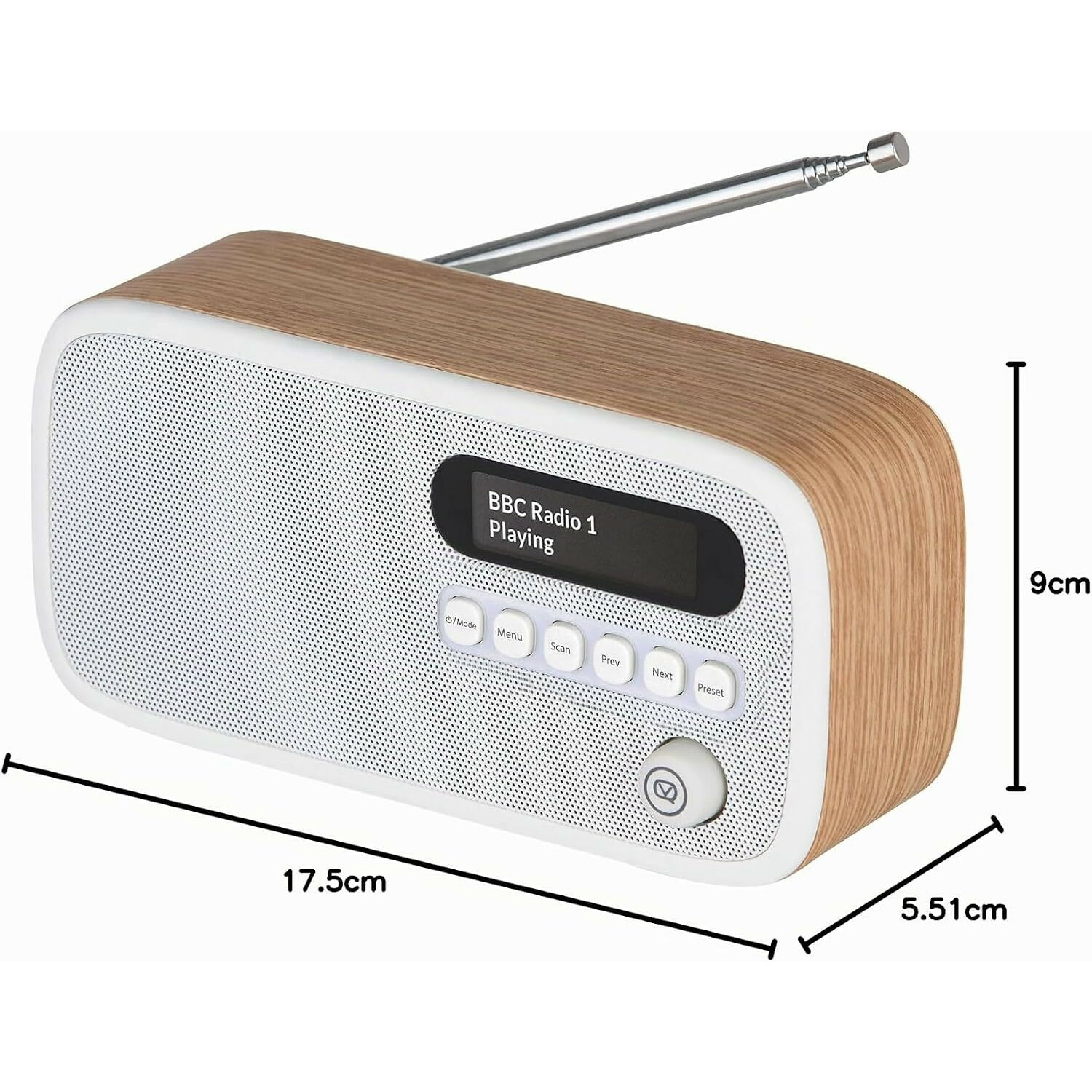 Holzfarbenes Digitalradio mit weißem Frontgitter, Display, Tasten und Teleskopantenne mit Abmessungen.