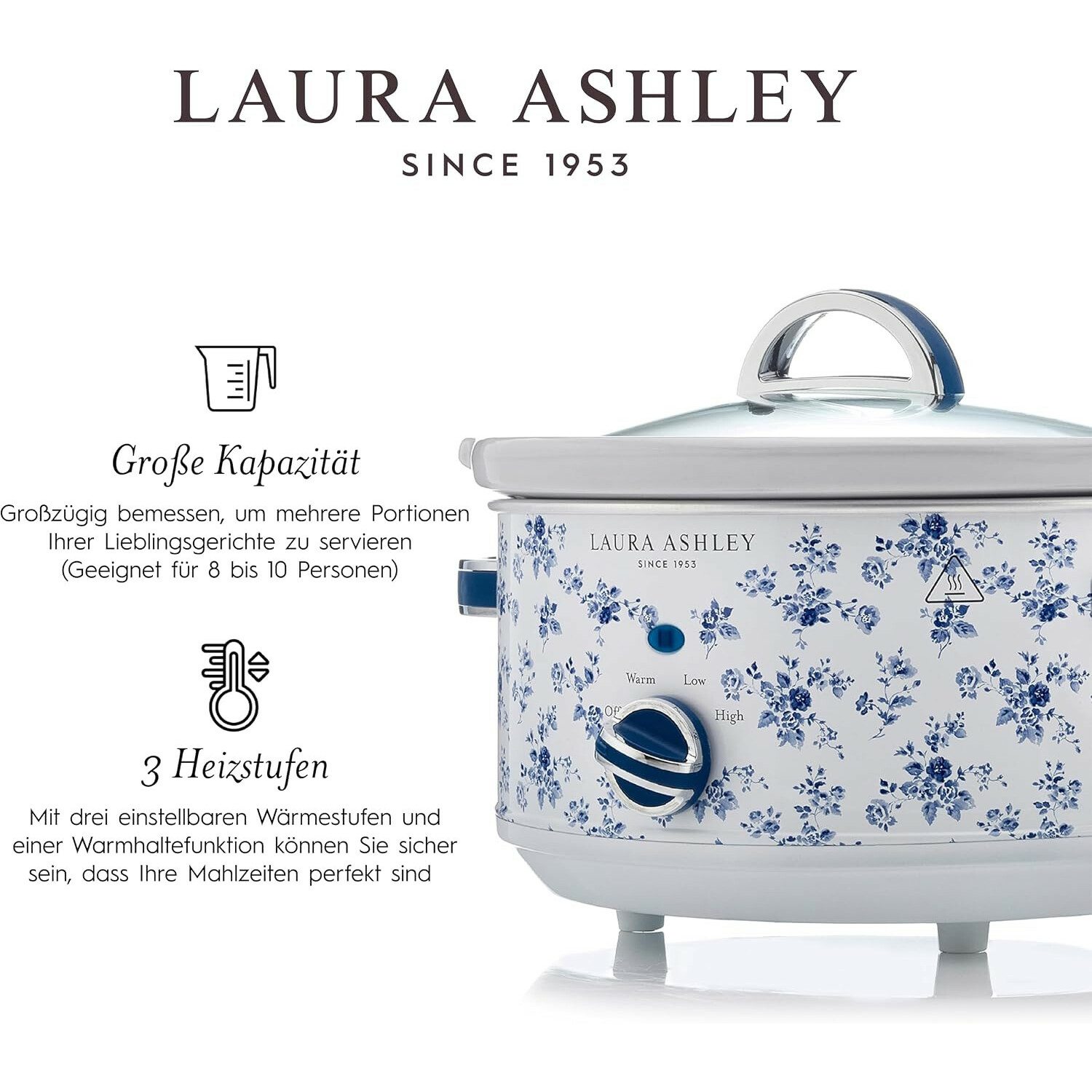 Ein Laura Ashley Slow Cooker mit blauem Blumenmuster, Glasdeckel und Drehregler auf weißem Hintergrund.