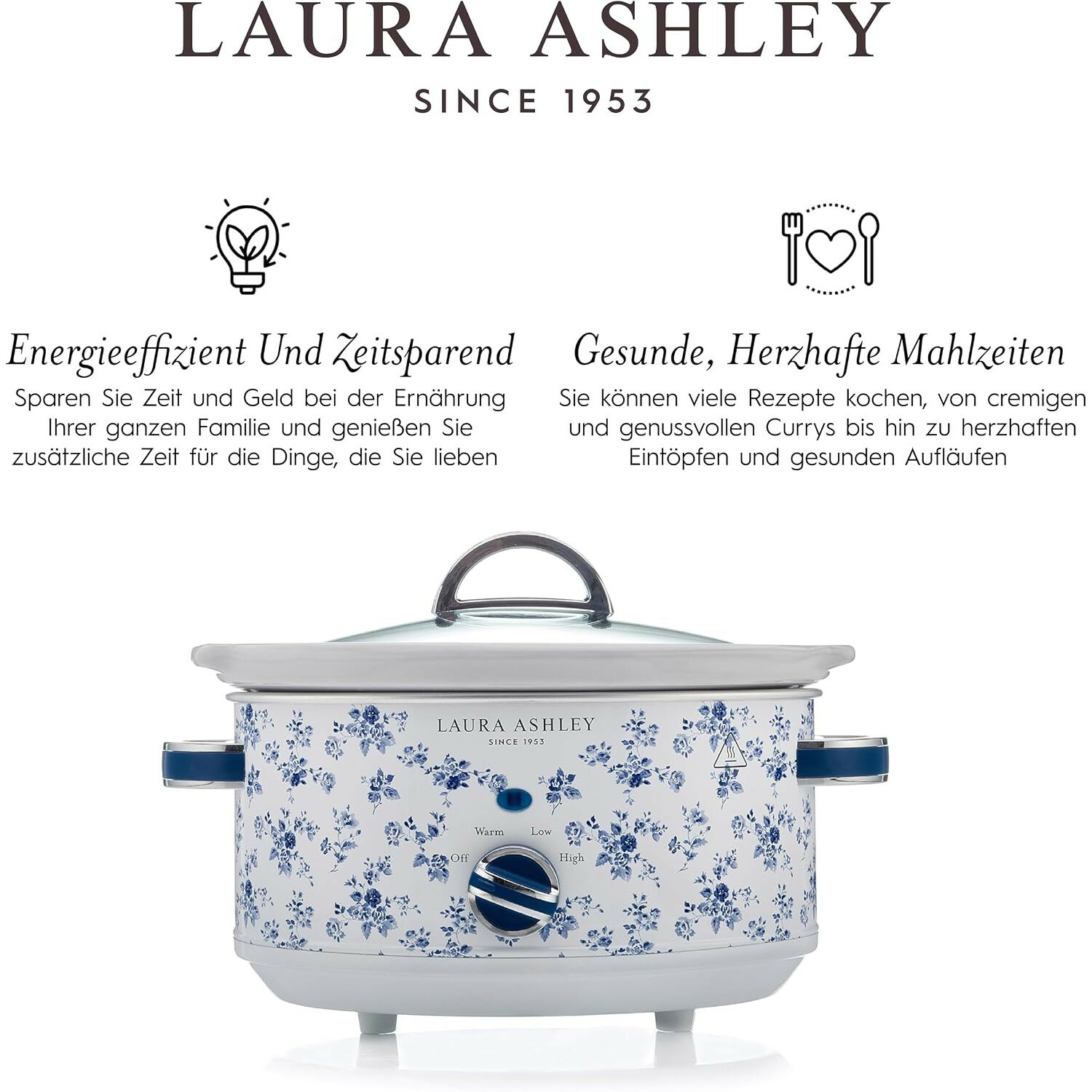 Laura Ashley Slow Cooker mit blauem Blumenmuster, Glasklappe und blauen Bedienelementen auf weißem Hintergrund.