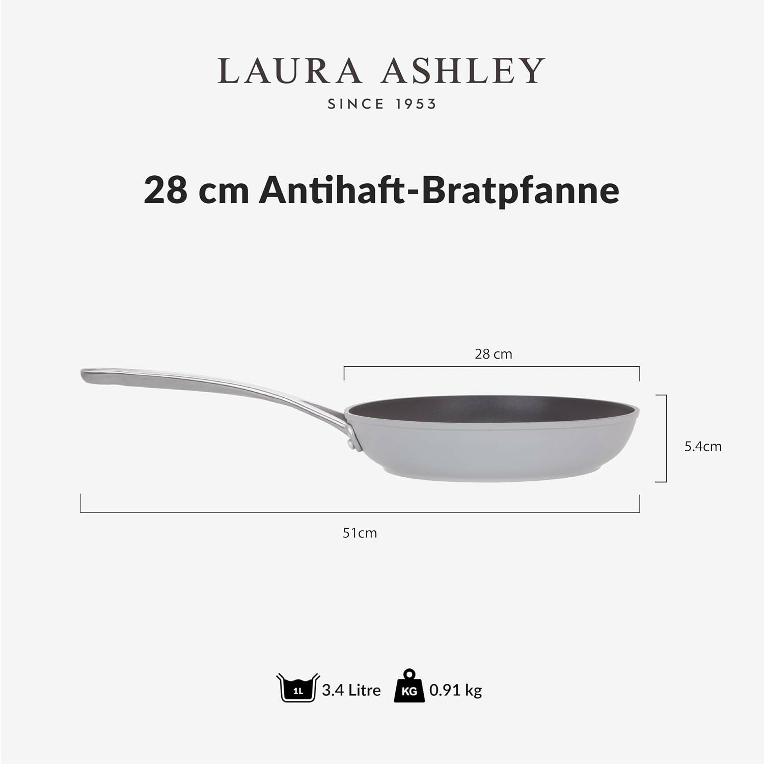 Laura Ashley 28cm Antihaft-Bratpfanne in Grau, mit Maßen und Gewicht.