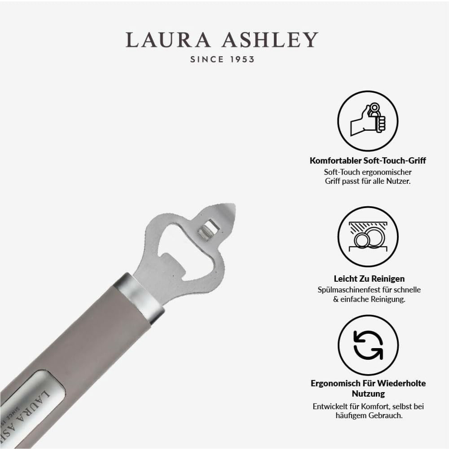 Laura Ashley Küchenutensil mit grauem Griff und Icons, die Merkmale wie Spülmaschinenfestigkeit zeigen.