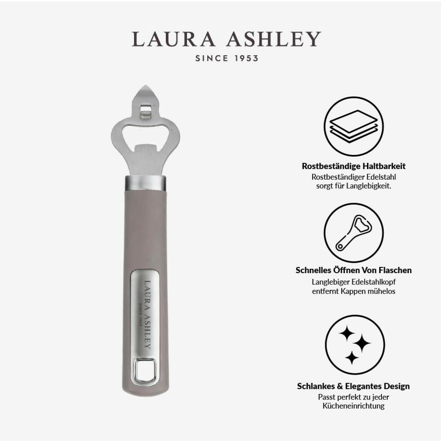 Laura Ashley Edelstahl-Flaschenöffner mit grauem Griff und drei Produktmerkmalen auf weißem Hintergrund.