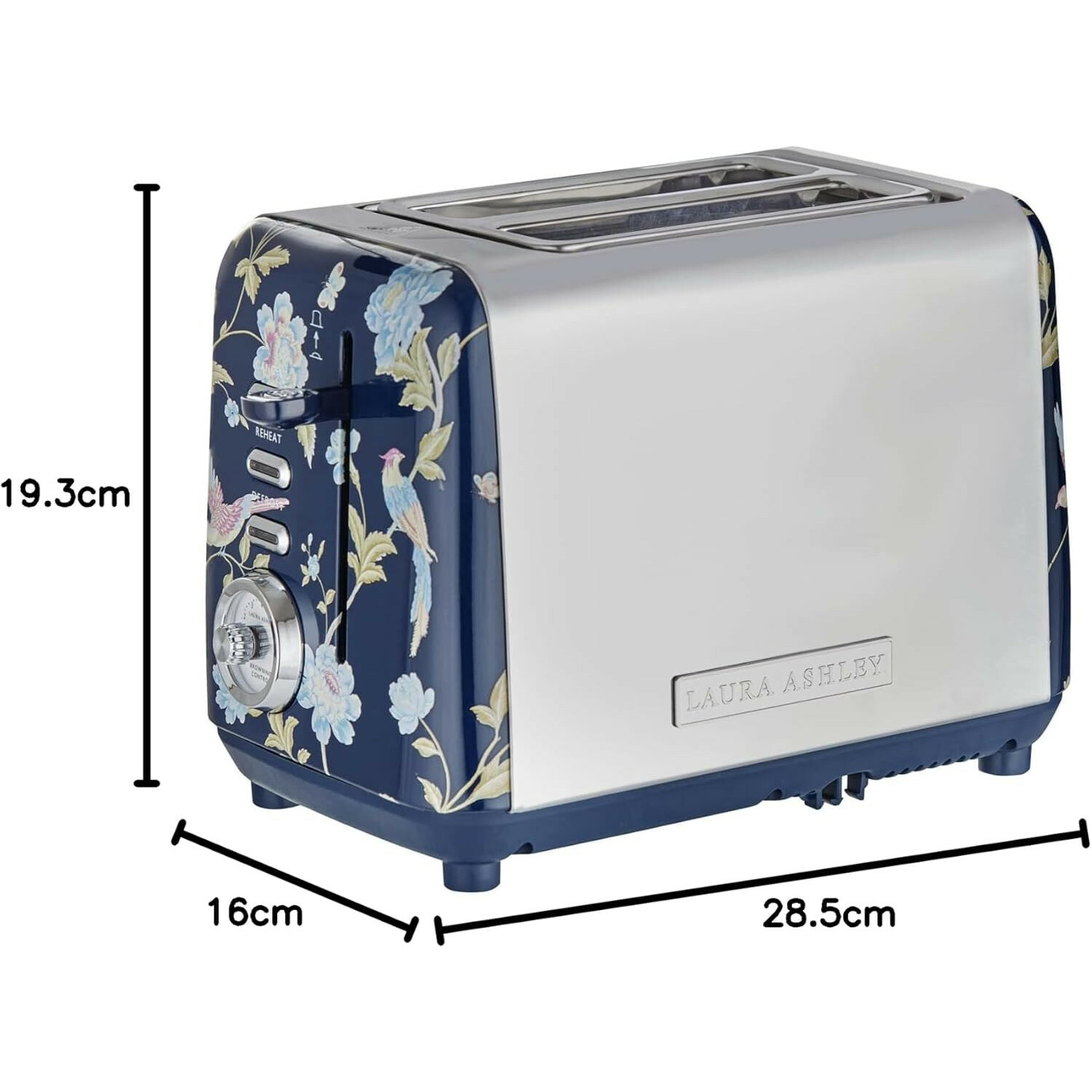 Ein blauer Laura Ashley Toaster mit Blumenmuster, silbernen Seiten und Abmessungen von 19,3x16x28,5 cm.