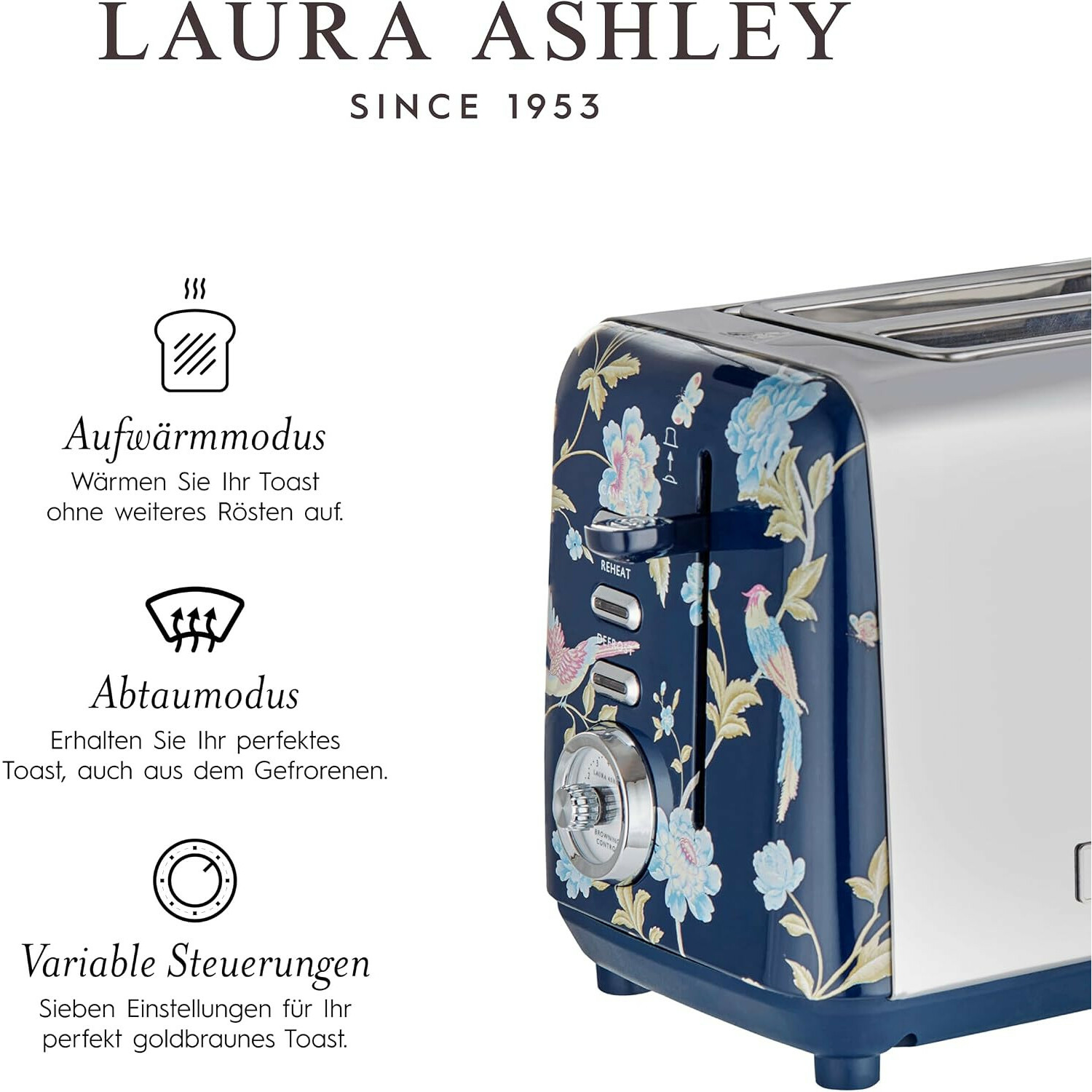 Laura Ashley Toaster mit blauem Blumen- und Vogelmuster, silbernen Details und deutscher Funktionserklärung links.