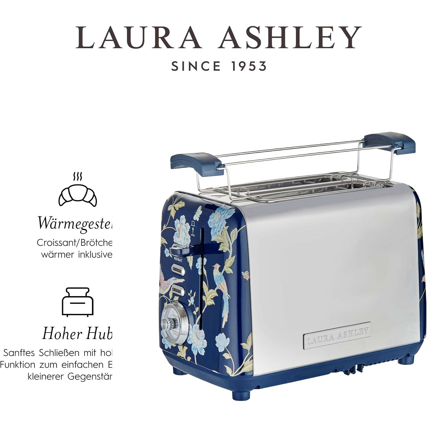 Blauer und verchromter Laura Ashley Toaster mit Blumen- und Vogelmuster, Metallgestell und deutschem Text.