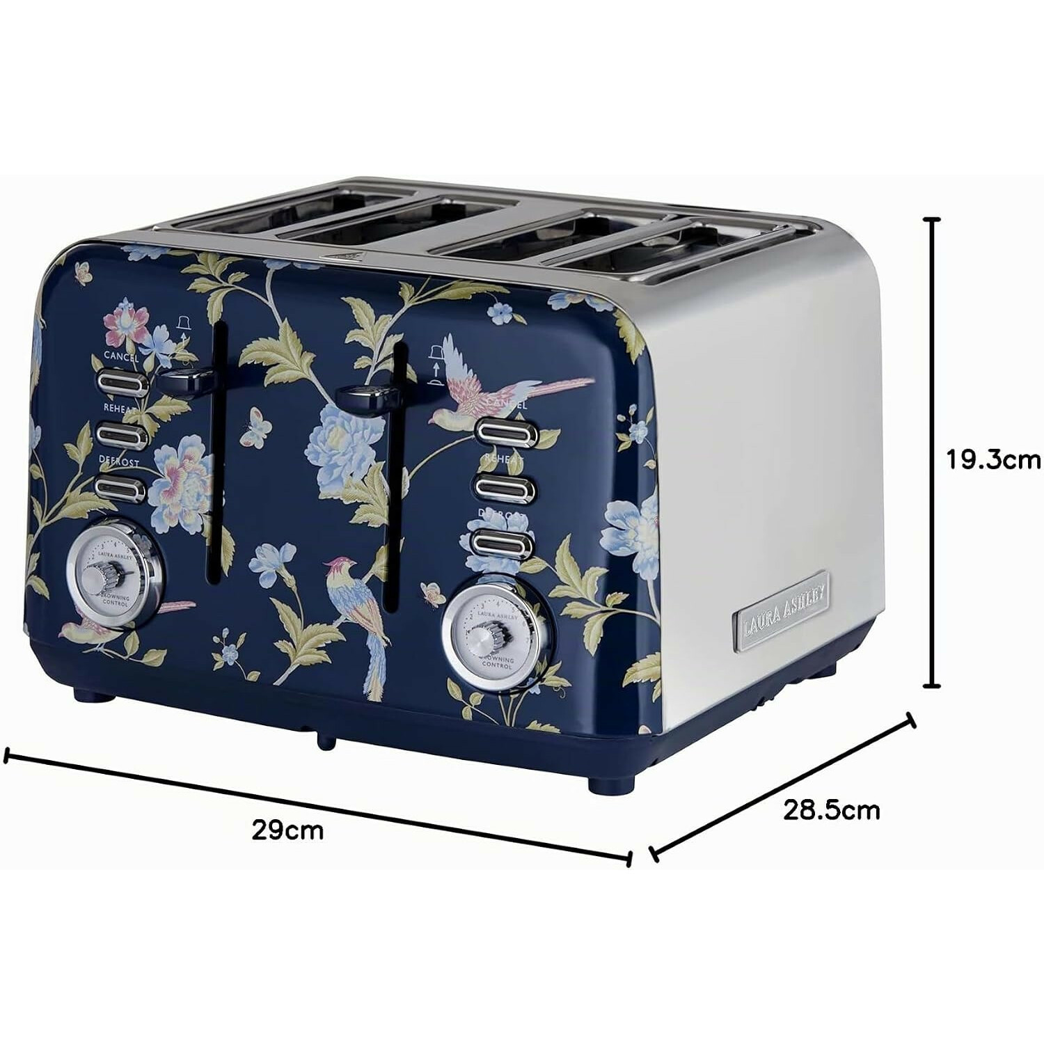 Ein blauer Toaster mit Blumen- und Vogelmuster, silbernen Bedienelementen und Maßen von 29x28,5x19,3 cm.